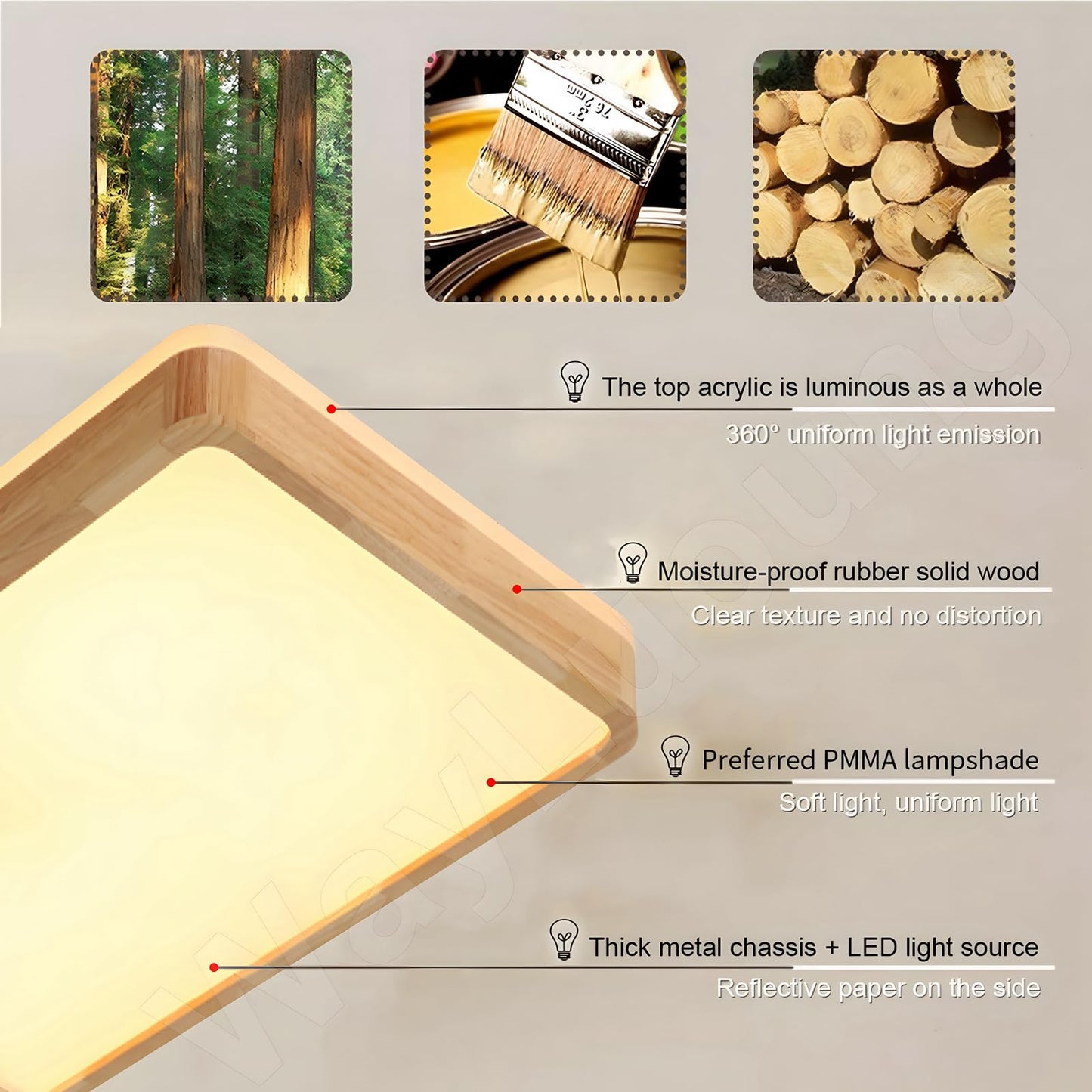 LED Wooden Ceiling Light, Diameter 30 cm, 3000 K, 1620 lm, 18 W, Ceiling Light with Square Top, 360° Luminous Natural Wood, Bedroom, Living Room, Children's Room, Kitchen, Dining Room (Warm White)