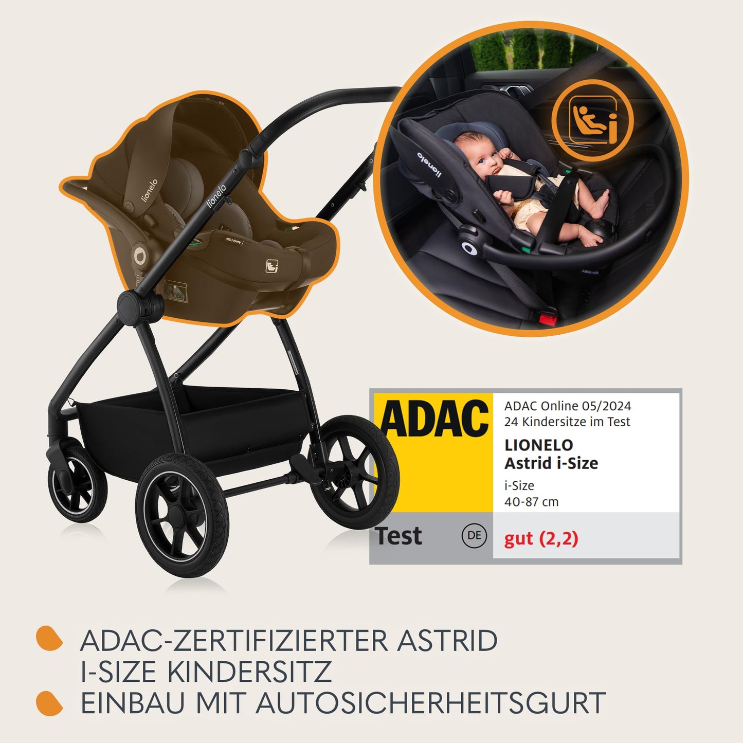 LIONELO Meril 3-in-1 Multifunctional Pushchair, 0-48 Months, Up to 22 kg, Baby Carrycot up to 9 kg, Child Seat up to 13 kg, 360° Off-Road Wheels, Full Suspension, XXL Hood with UPF50+