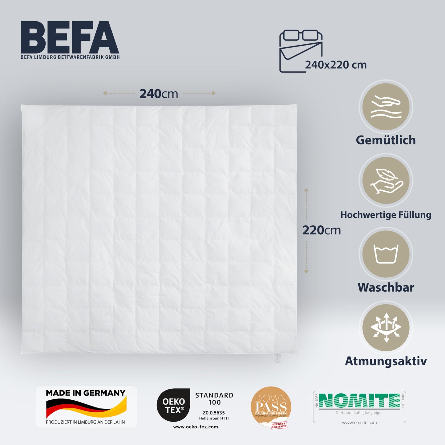BEFA NATUR Down Duvet, Made in Germany, 135 x 200 cm, 90% Down and 10% Feathers, Summer Duvet, Suitable for Allergy Sufferers (Nomite), Oeko-Tex 100 Class 1 Certified, EN Standard 12934, Downpass