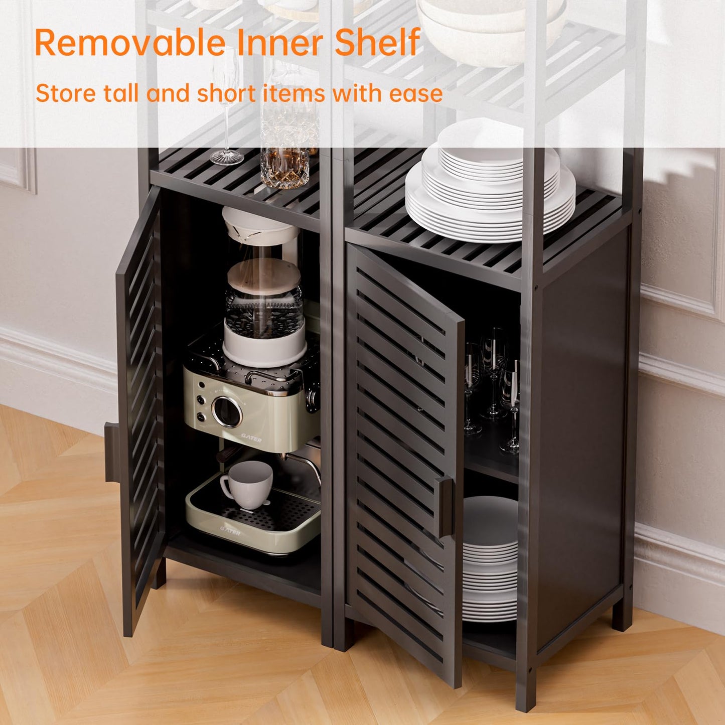 HITNET Bathroom Cabinet Bamboo Black Bathroom Cabinet Tall Cabinet Narrow Freestanding Floor Standing with Open Shelf and Single Door