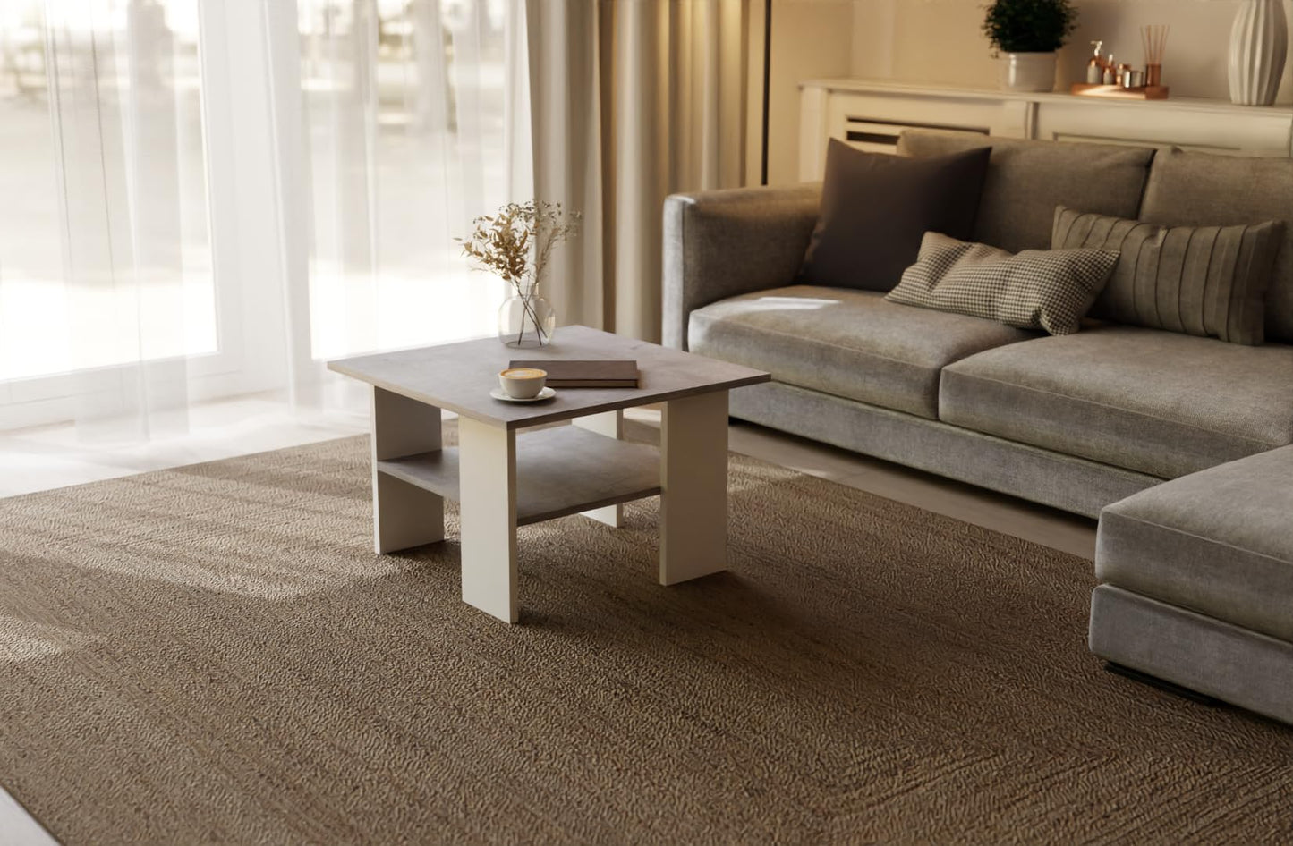 Artisan Coffee Table, Retro Loft Bench, Open Double Shelf, Skate Legs, Ideal for Coffee Get-Togethers, Laminated Top, Large Surface, Guaranteed Stability, White 3