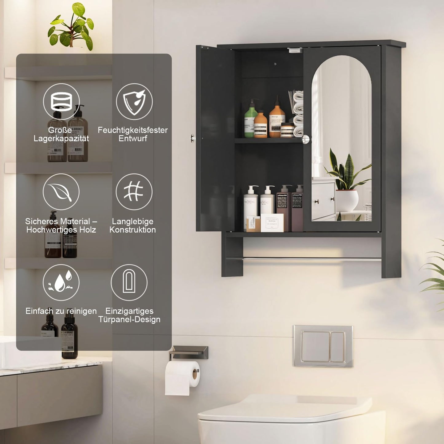 Bathroom Mirror Cabinet with 2 Doors, Wall Cabinet for Over the Toilet, Surface-Mounted Kitchen Wall Cabinet, Wall Cabinet with Shelves, Multifunctional Bathroom Cabinet, Natural