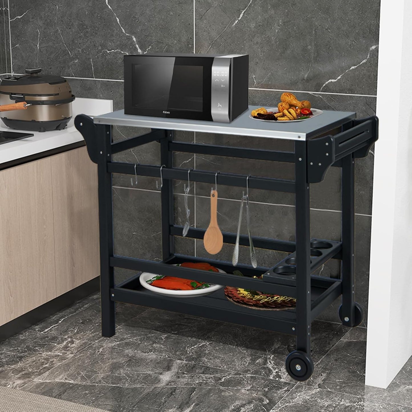 KOMFOTTEU Barbecue Trolley Grill Table with Stainless Steel Worktop, Garden Trolley Made of HDPE, Serving Trolley with Spice Tray, Wine Bottle Rack & Hooks, Grill Trolley, Kitchen Trolley for Outdoor