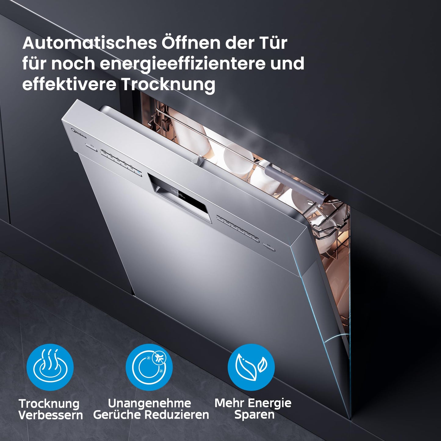 Midea SU 5.35X14CS Dishwasher Base, 14 MGD, Dishwasher 60 cm, Home Connect, Hygiene Care+, Machine Care +, Extra Drying, Half Load, 44 db, Start Delay, Stainless Steel