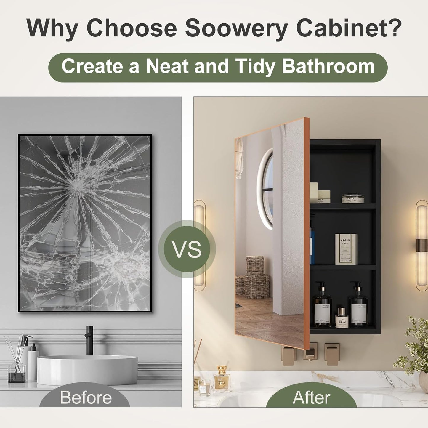 Aovquof Mirror Cabinet with Lighting - 90 x 60 cm Bathroom Mirror Cabinet with Storage Space, Bathroom Mirror Cabinet with Adjustable Dimmable LED Lights with Demist Function, Modern Cream Colour