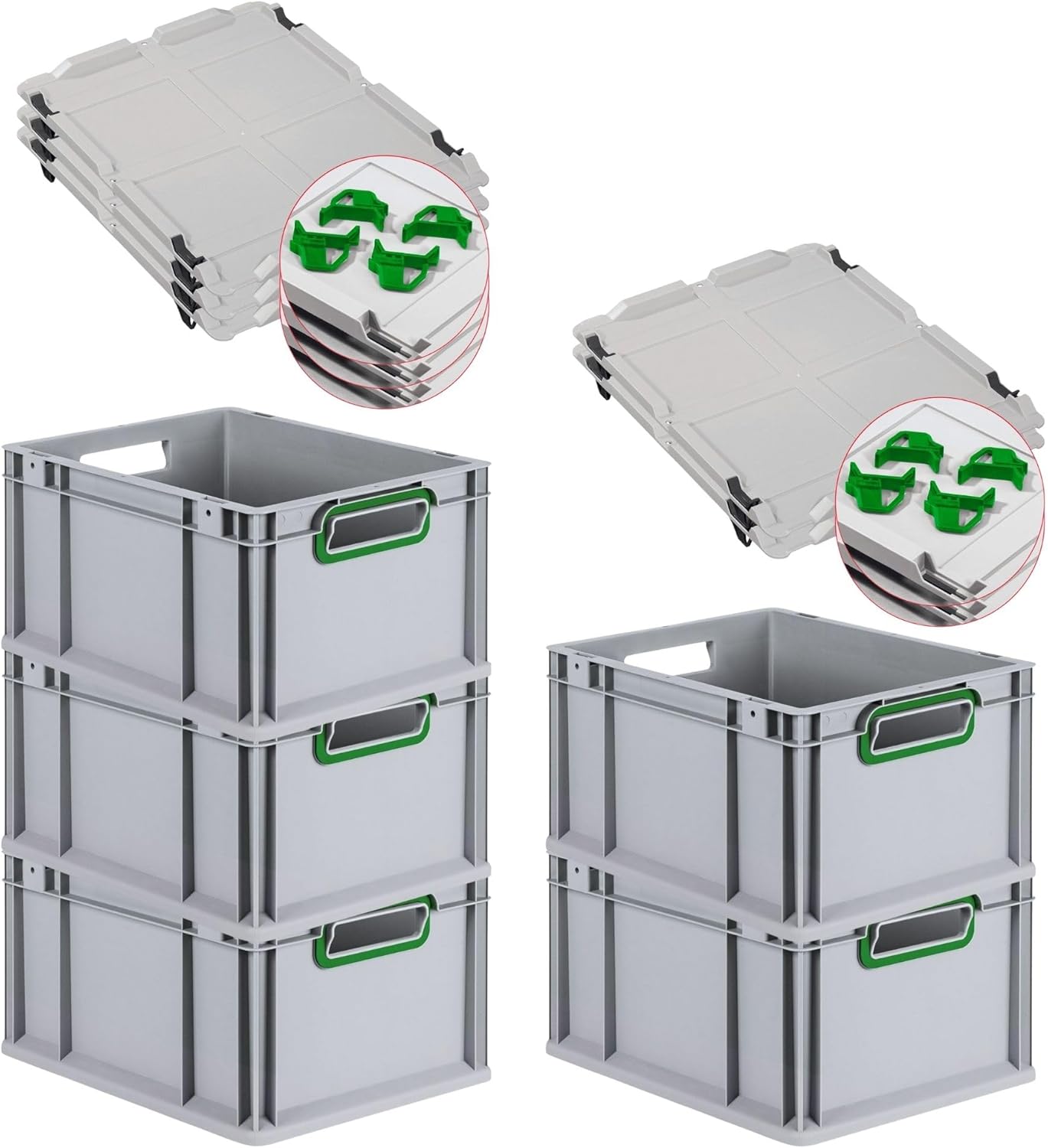 PROREGAL Economy Set of 5 Eurobox NextGen Colour with Lid and Sliding Snap Fasteners, H x W x D 22 x 30 x 40 cm, 20 L, Black, Closed Handles, Euro Container, Transport Box, Transport Container