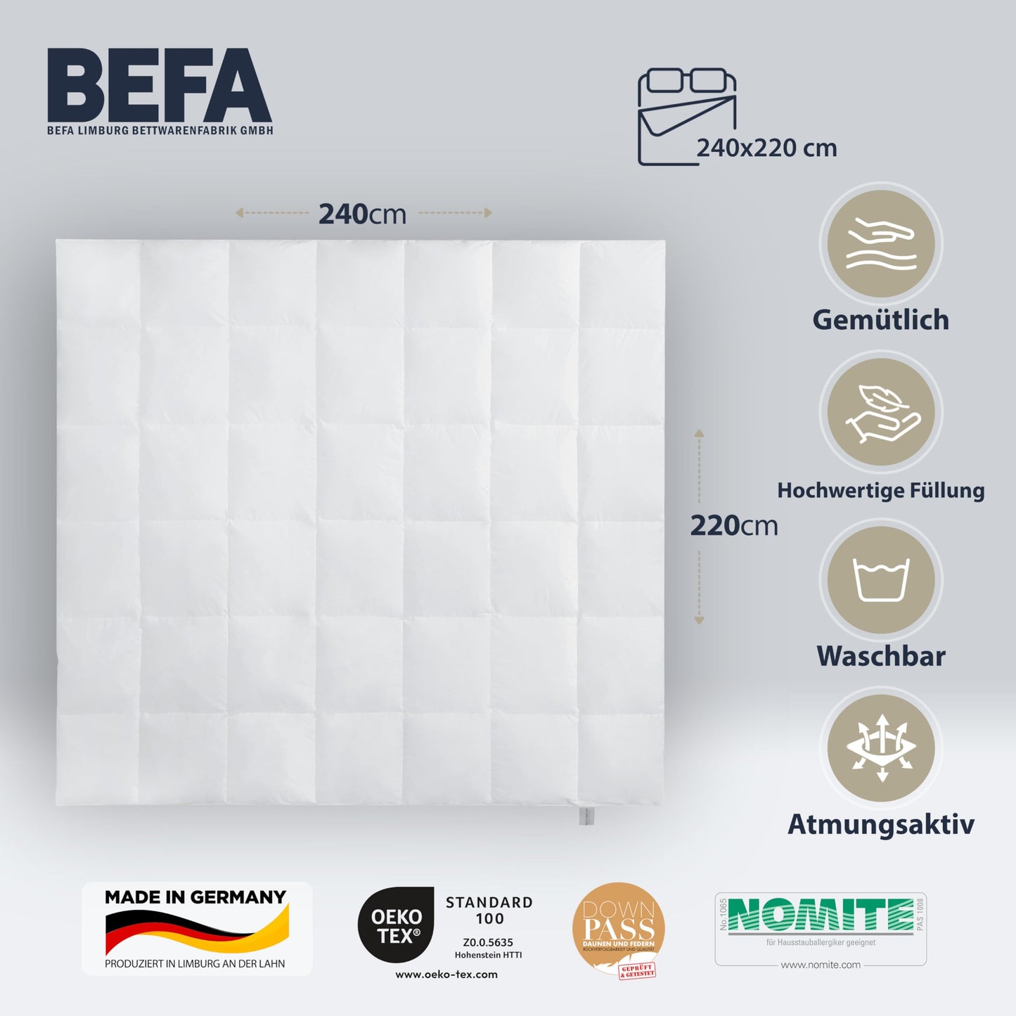 BEFA NATUR Down Duvet, Made in Germany, 135 x 200 cm, 90% Down and 10% Feathers, Summer Duvet, Suitable for Allergy Sufferers (Nomite), Oeko-Tex 100 Class 1 Certified, EN Standard 12934, Downpass