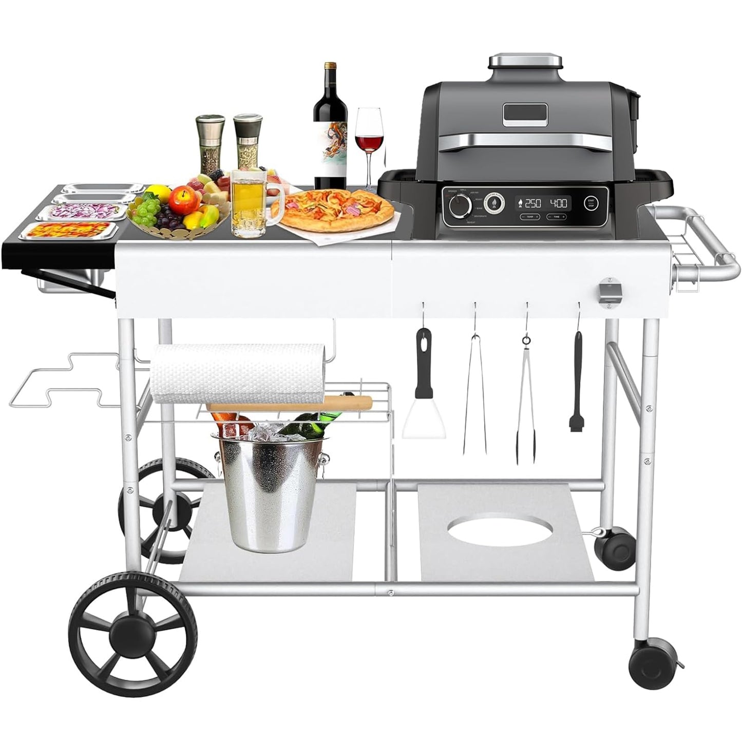 GFTIME Improved Pizza Ovens Grill Trolley for Koda/Karu/Fyra 16 & 12, 128 x 64 x 78 cm Rolling Kitchen Trolley, Serving Trolley Grill Stand for Ninja Woodfire, Blackstone Griddle, Trolley for Weber Q