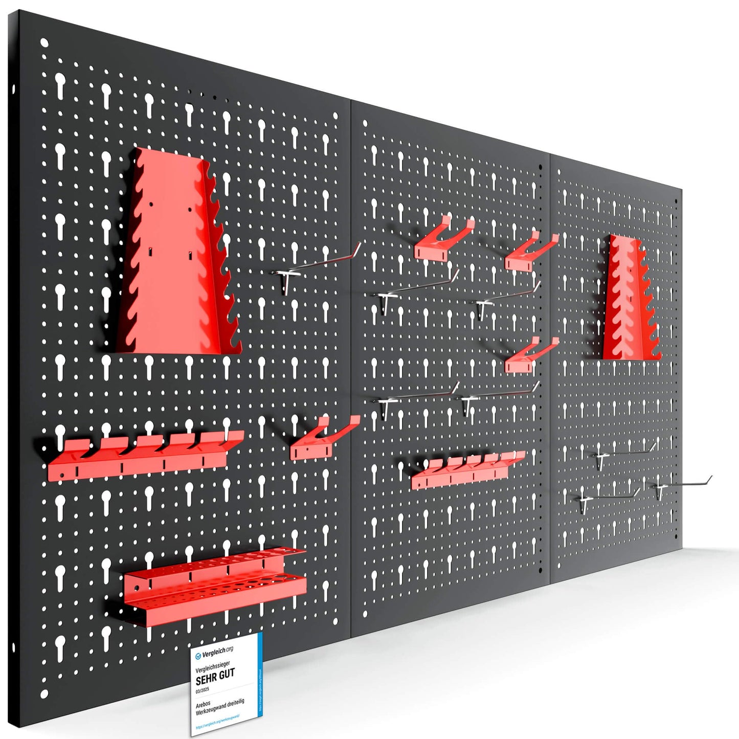 Arebos Tool Wall 3 Panels, 17- Piece Hook Set, 120 x 60 x 2 cm