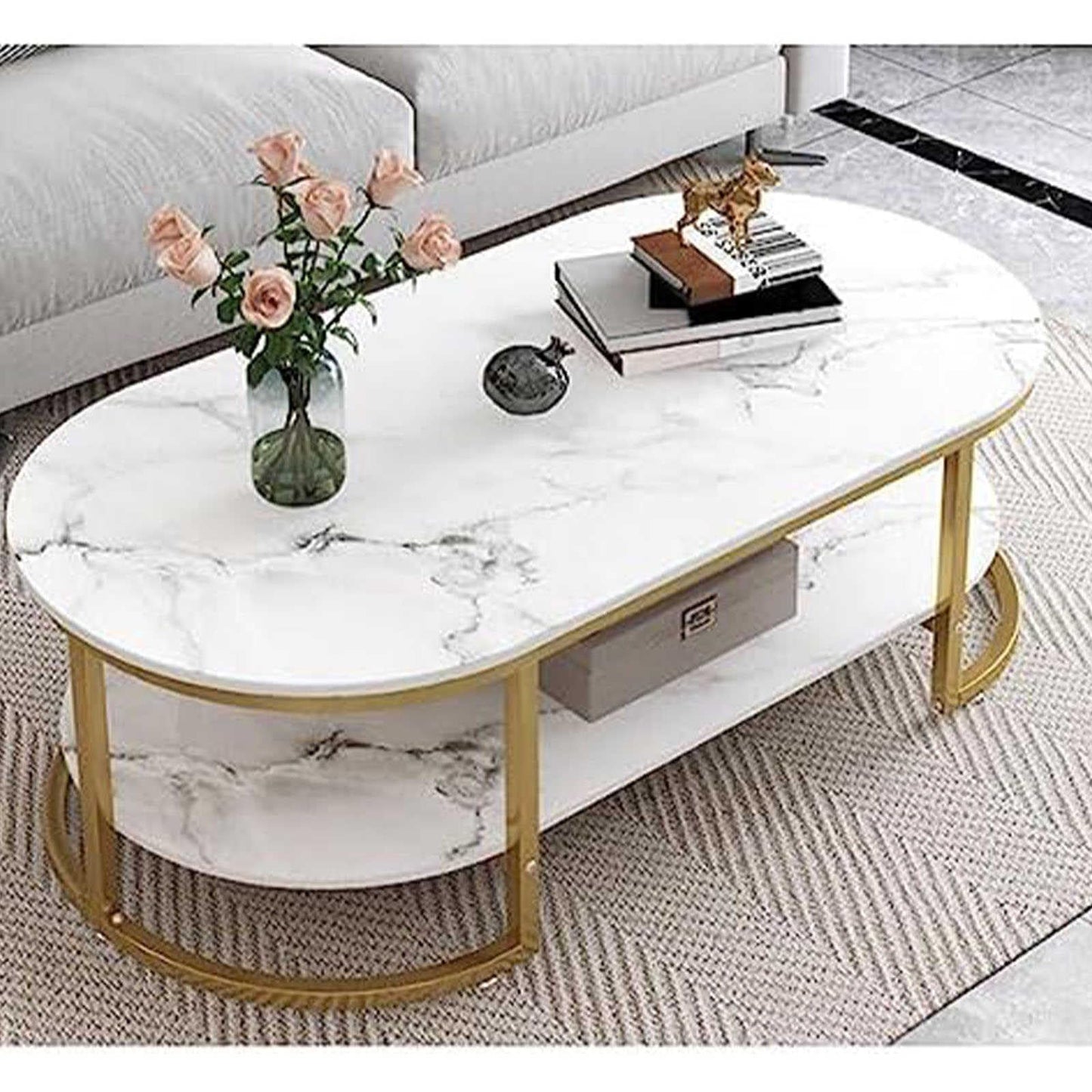 100-120 cm Oval Coffee Table Made of Nordic Marble, Creative Metal Side Table, Fashion Wrought Iron Living Room Table, Home Living Room Furniture, Coffee Table