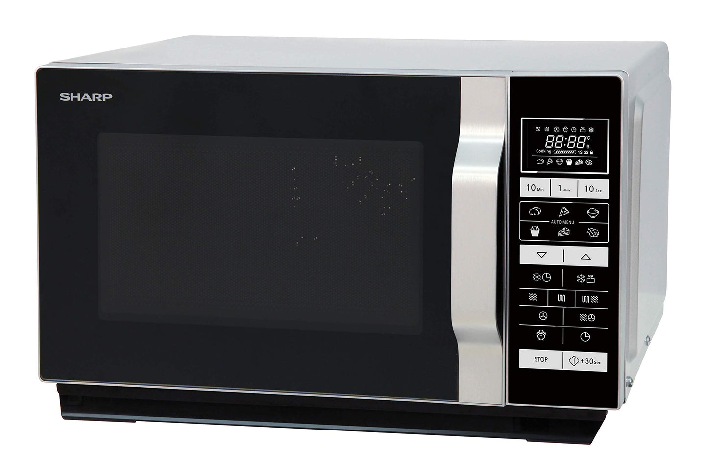 Sharp R843INW 3-in-1 microwave with hot air, grill and convection / 25 L / 800 W / 1000 W grill / 2500 convection / 10 automatic programs / pizza program / metal turntable (30 cm) / silver
