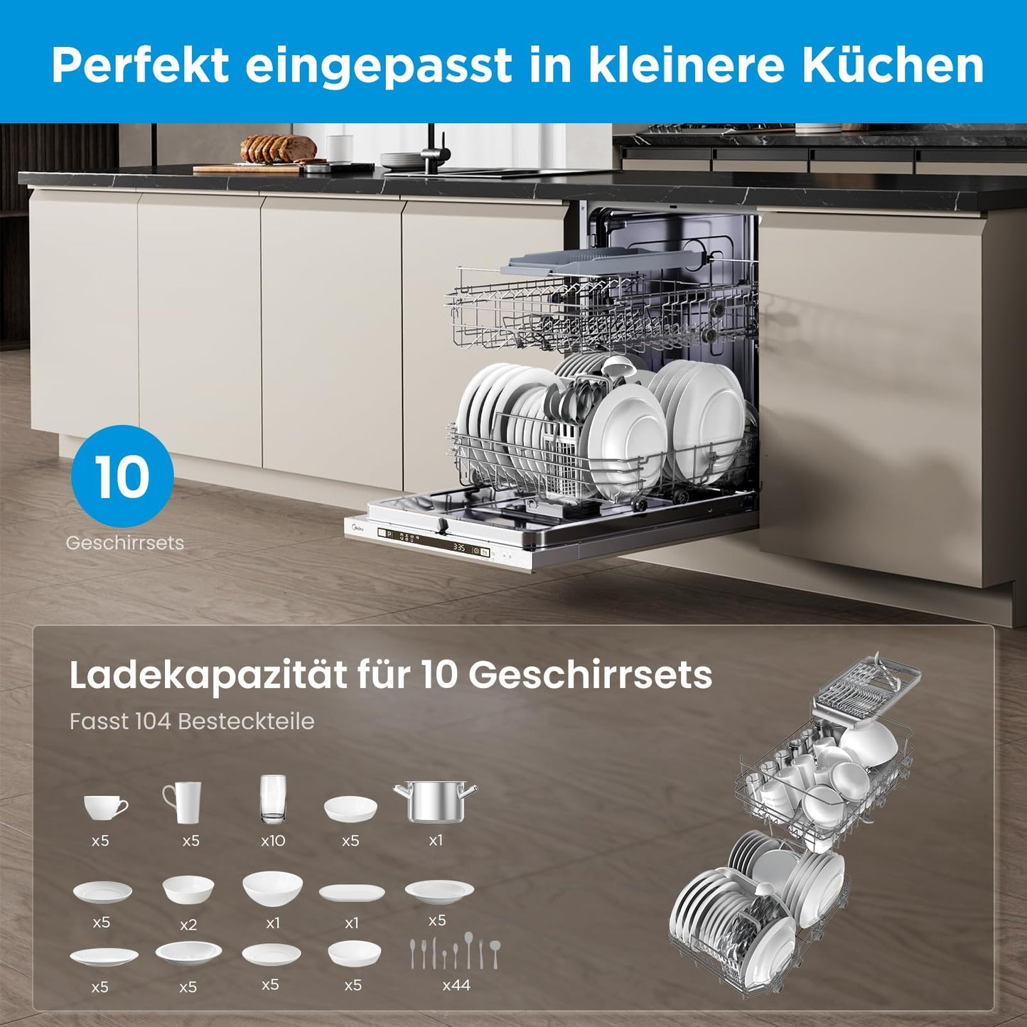 Midea SU 5.35X14CS Dishwasher Base, 14 MGD, Dishwasher 60 cm, Home Connect, Hygiene Care+, Machine Care +, Extra Drying, Half Load, 44 db, Start Delay, Stainless Steel