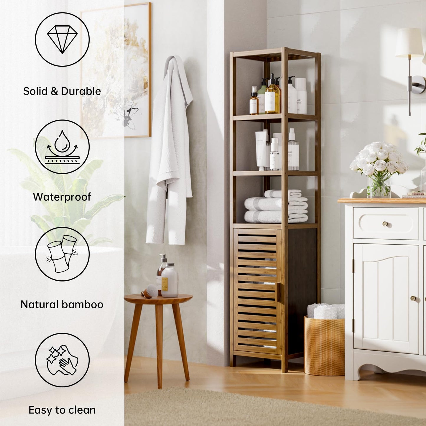 HITNET Bathroom Cabinet Bamboo Black Bathroom Cabinet Tall Cabinet Narrow Freestanding Floor Standing with Open Shelf and Single Door