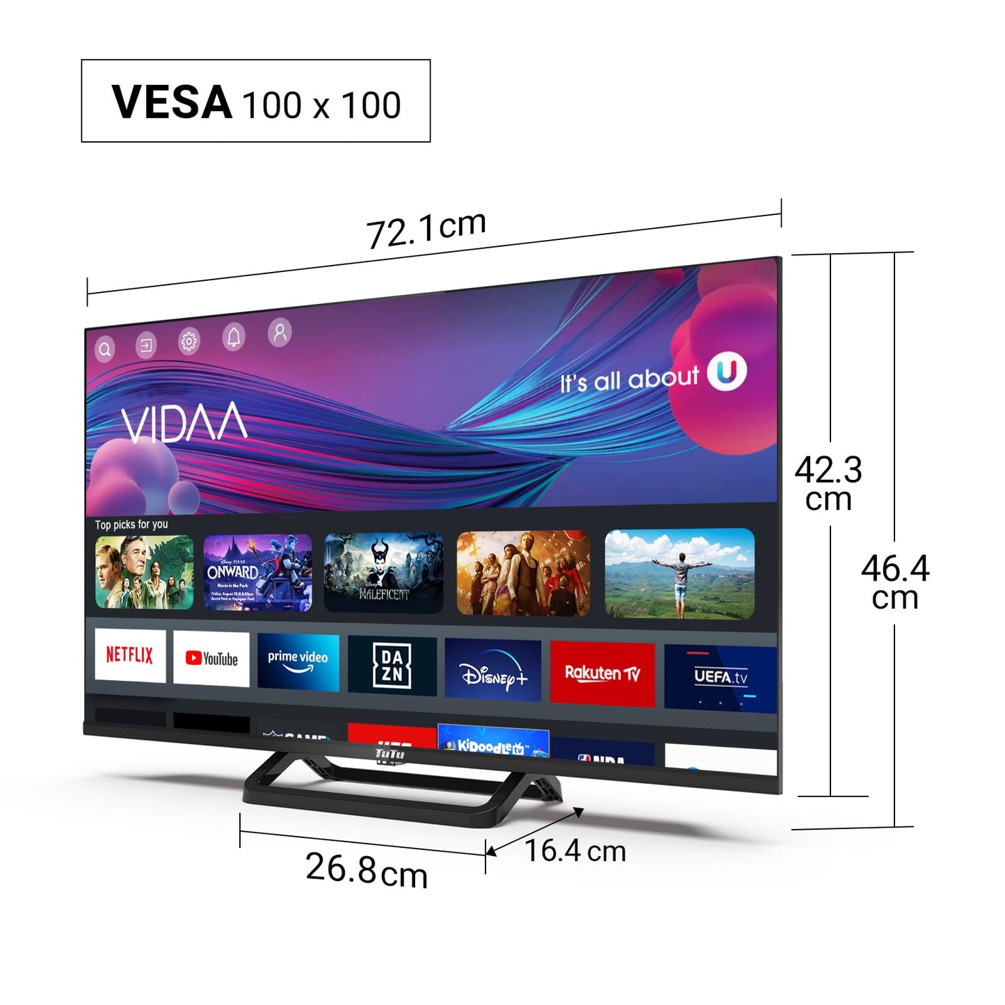 TuTu Smart TV 25 Zoll (64 cm) Full HD VIDAA Fernseher mit WLAN Triple Tuner (DVB-T/T2, DVB-C, DVB-S/S2) APP Store HDMI USB (TUV25FQ1B, 2024)