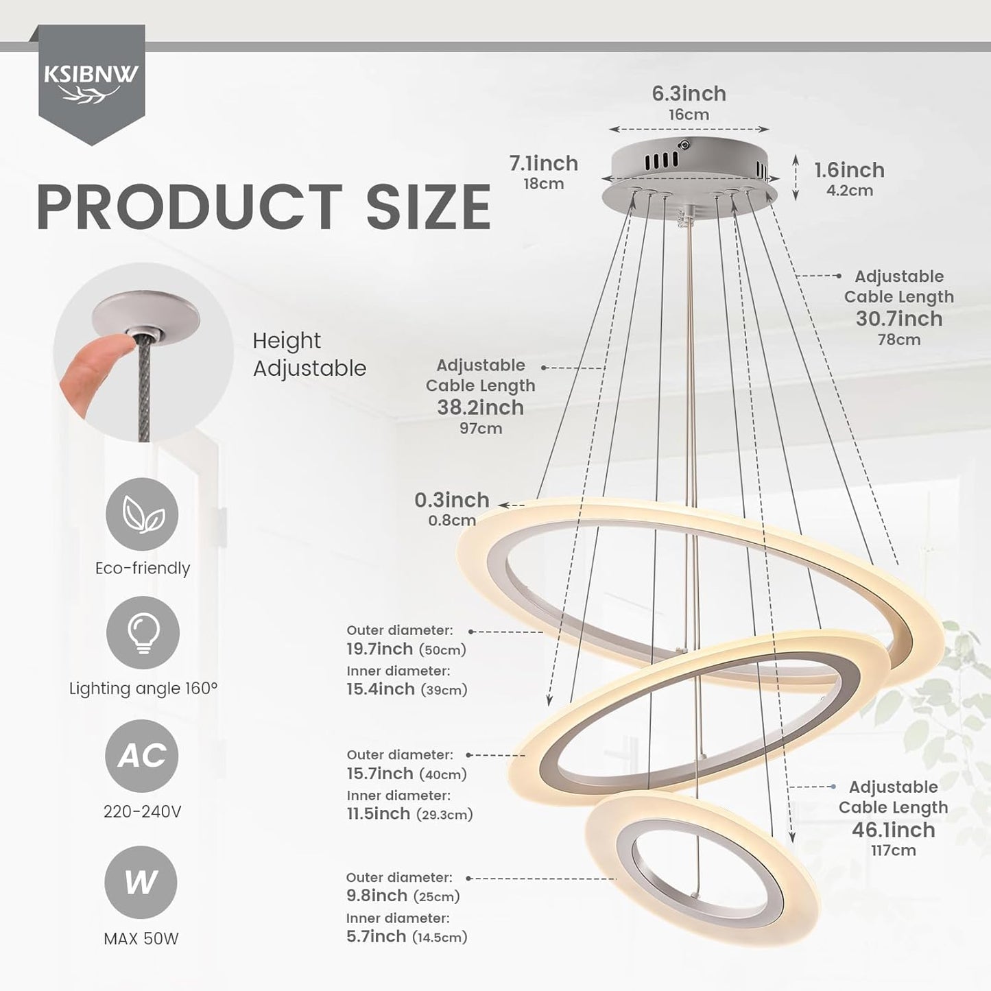 KSIBNW LED Hängelampe Esstisch 3 Ringe Pendelleuchte Dimmbar, Moderne Pendelleuchten Wohnzimmer mit Fernbedienung & APP Höhenverstellbar Acryl Aluminium Pendellampe Schlafzimmer 2700K-6500K, Weiß