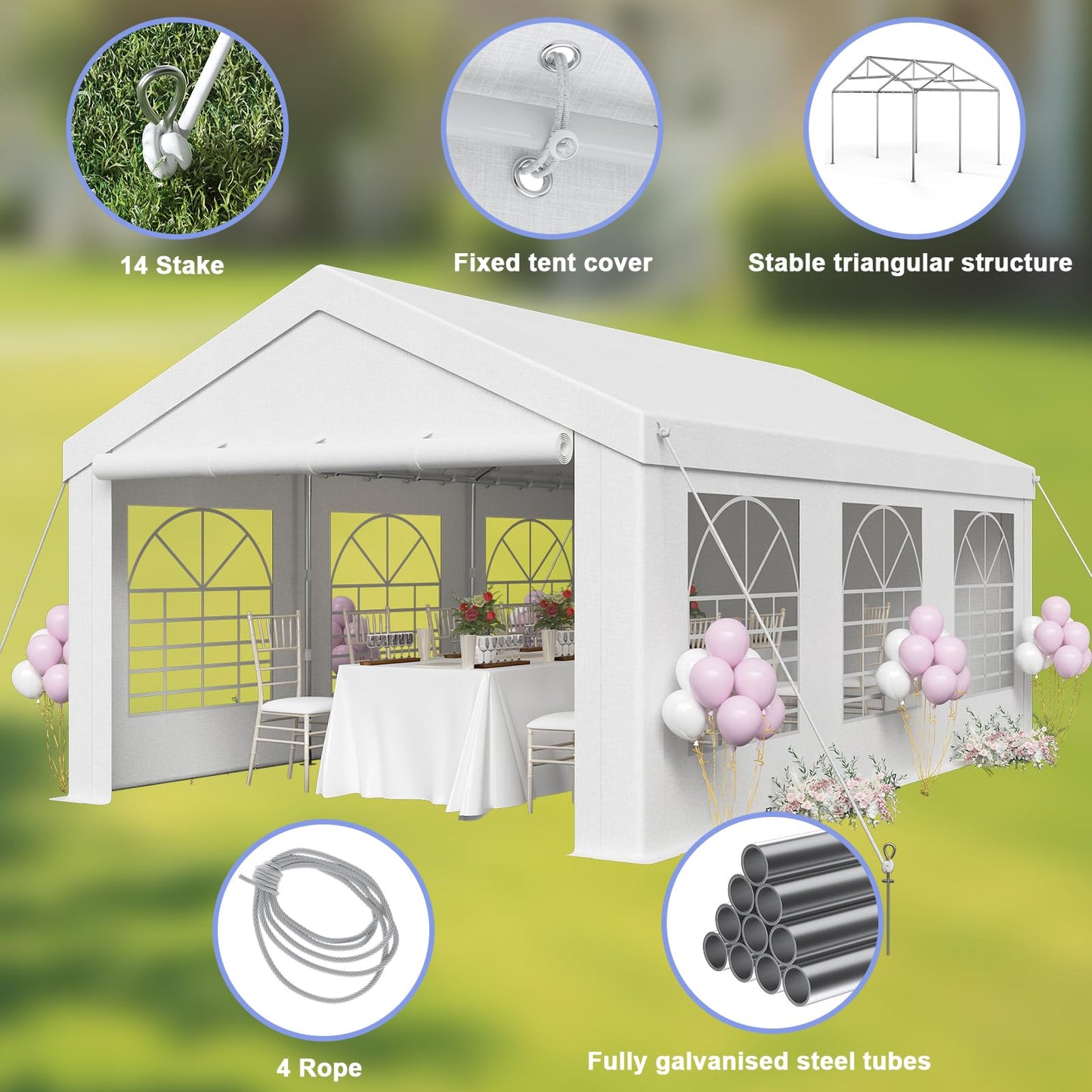 JUMMICO Gazebo Party Tent 4 x 6 Waterproof Stable Garden Tent UV Protection 50+ Tent 170 g PE Tarpaulin Marquee Beer Tent Garden Gazebo for Garden, Party, Festival, Wedding, White
