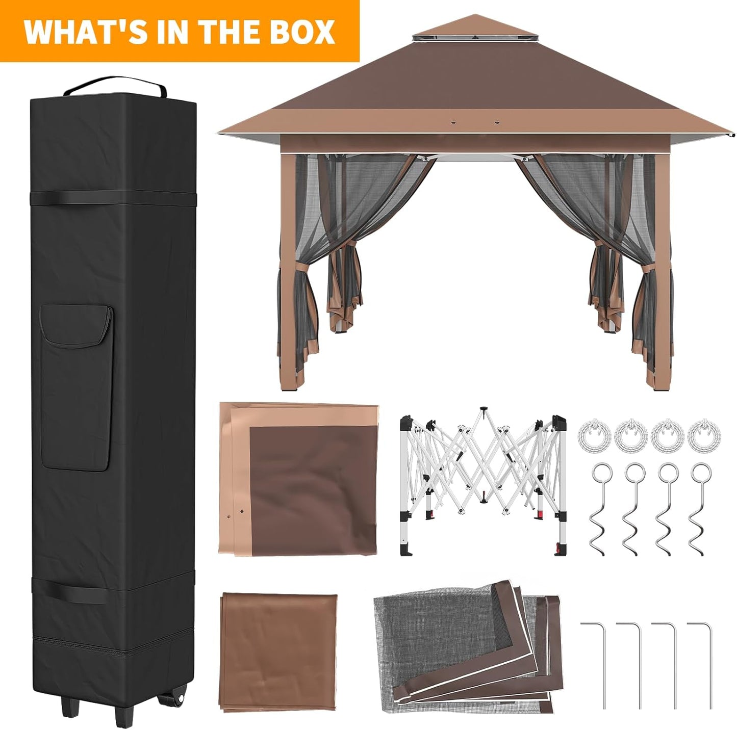 JUMMICO Pop Up Gazebo 3.24 x 3.24 Waterproof Stable Winterproof with 4 Mosquito Net Side Panels Folding Gazebo UV Protection 50+ Double Roof Gazebo for Patio Family Reunions, Brown