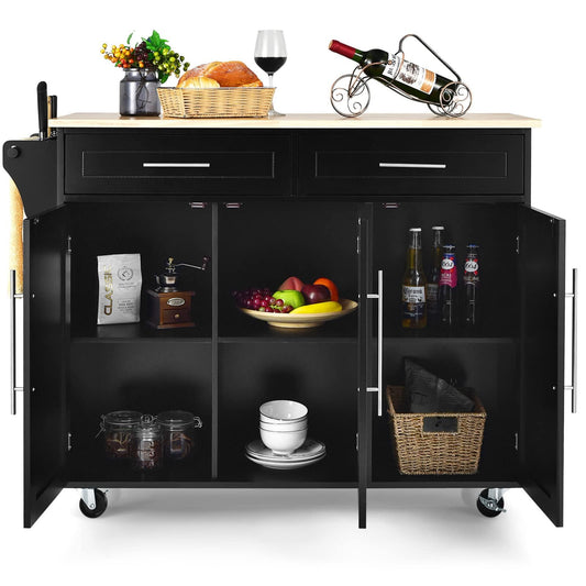 KOMFOTTEU Kitchen Trolley on Wheels, Wooden Serving Trolley with Worktop, Kitchen Island with Drawers, Towel Holder & Adjustable Shelves, Kitchen Cabinet Side Trolley Mobile 122 x 46 x 92 cm (Black)