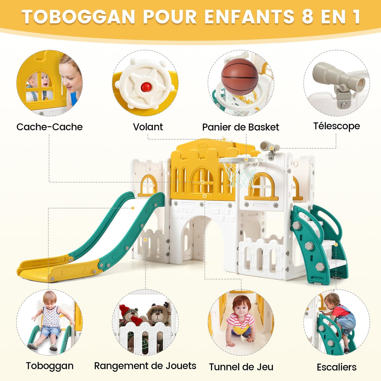 Kinder Rutsche 8 in1 Mit Klettern, Teleskop, Basketballkorb,Tunnel, Bohrspiel und Stauraum, Kleinkinderklettergerüst für Kleinkinder 1–3 Jahren