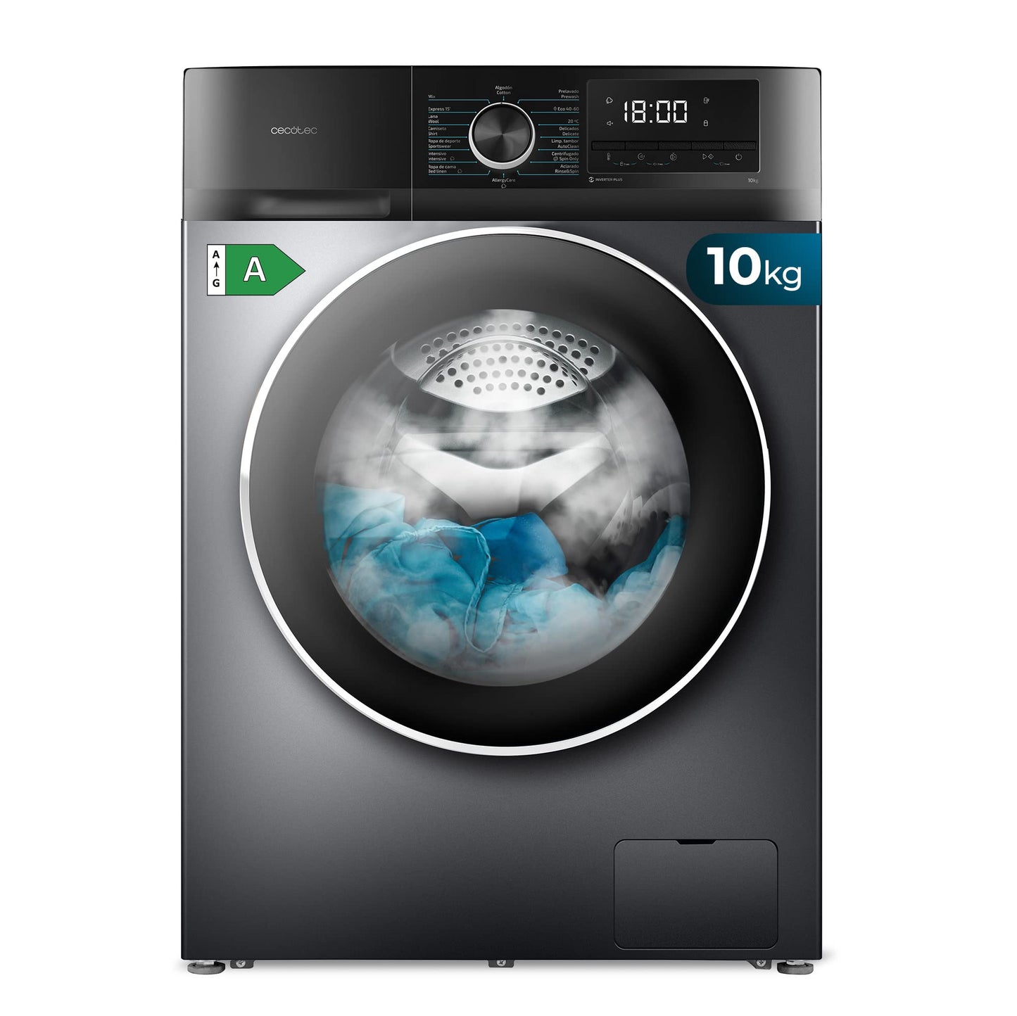 Cecotec Washing Machine 12 kg Front Load Bolero DressCode 12500 Inverter Steel A, 1400 rpm, Inverter Plus Motor, 16 Progr, SteamMax, Pearl Drum, Delay Start, Drum Clean, Display, Allergy Care, Stop &