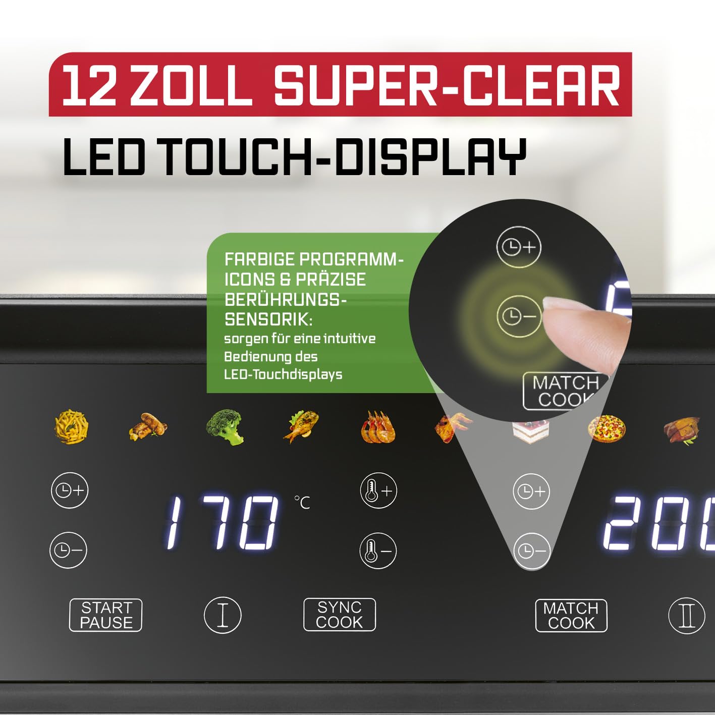 GOURMETmaxx Digitale Heißluftfritteuse 12 L, XXL-Edelstahl-Ofen | Airfryer + Timer, Touchdisplay, Drehspieß | fettarm, energiesparend frittieren | 10 Programme inkl. Pizza | 1800 W