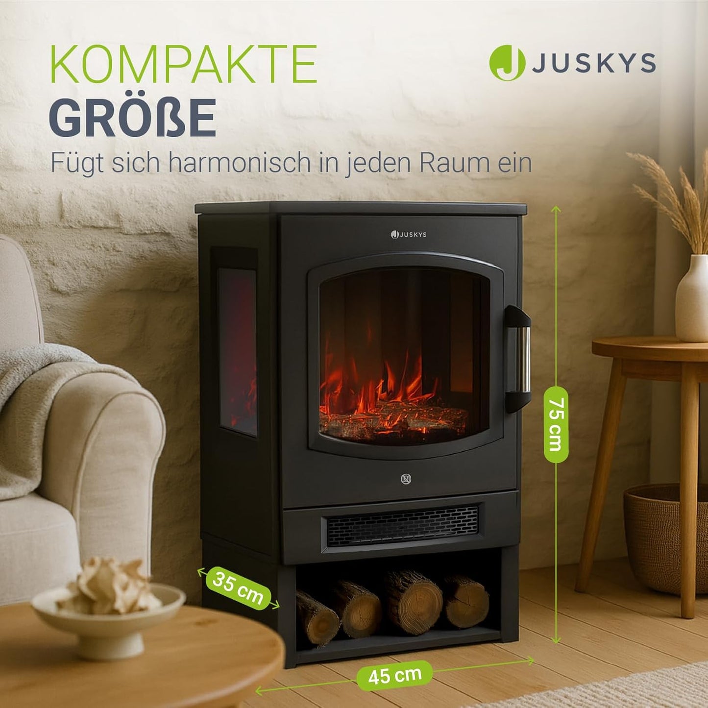 Juskys Electric Fireplace 1800W - Black, Electric Standing Fireplace with LED Flame Effect, WiFi/App Control, Remote Control