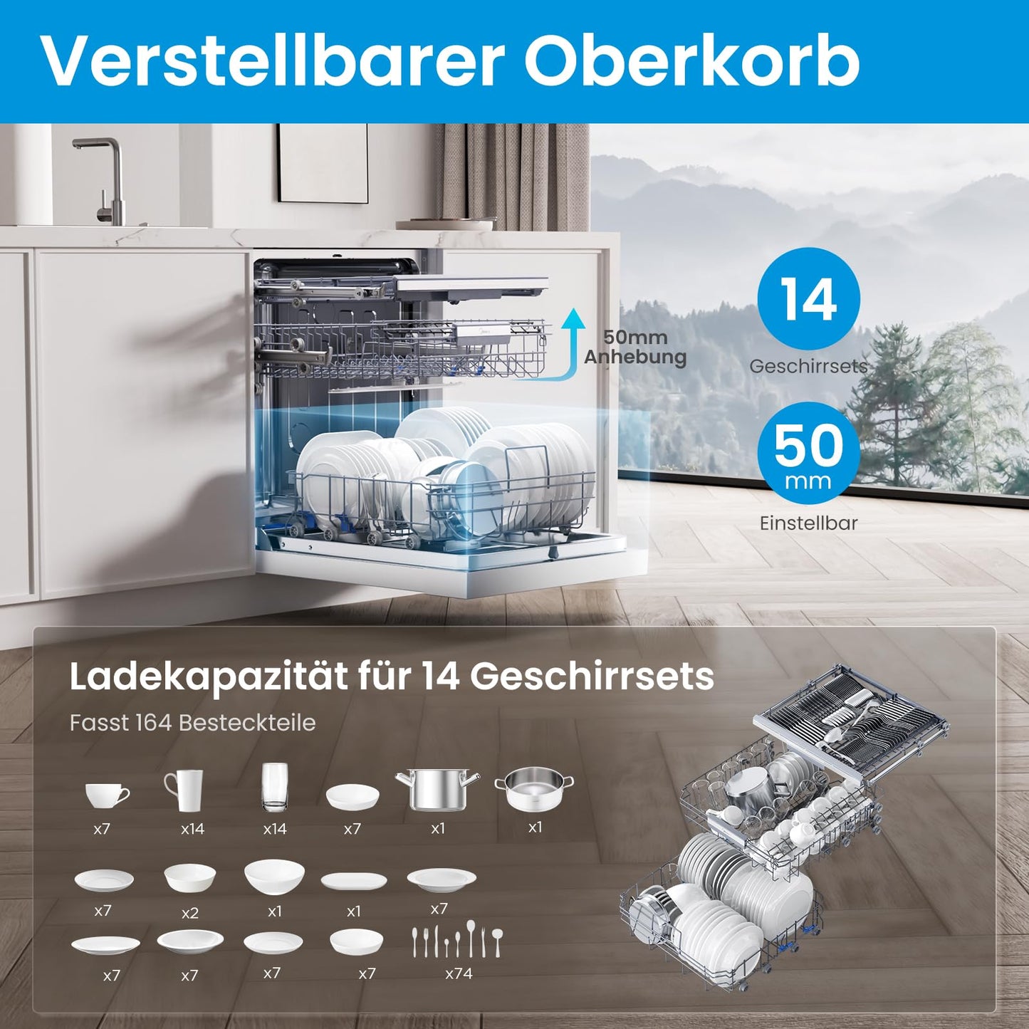 Midea SU 5.35X14CS Dishwasher Base, 14 MGD, Dishwasher 60 cm, Home Connect, Hygiene Care+, Machine Care +, Extra Drying, Half Load, 44 db, Start Delay, Stainless Steel