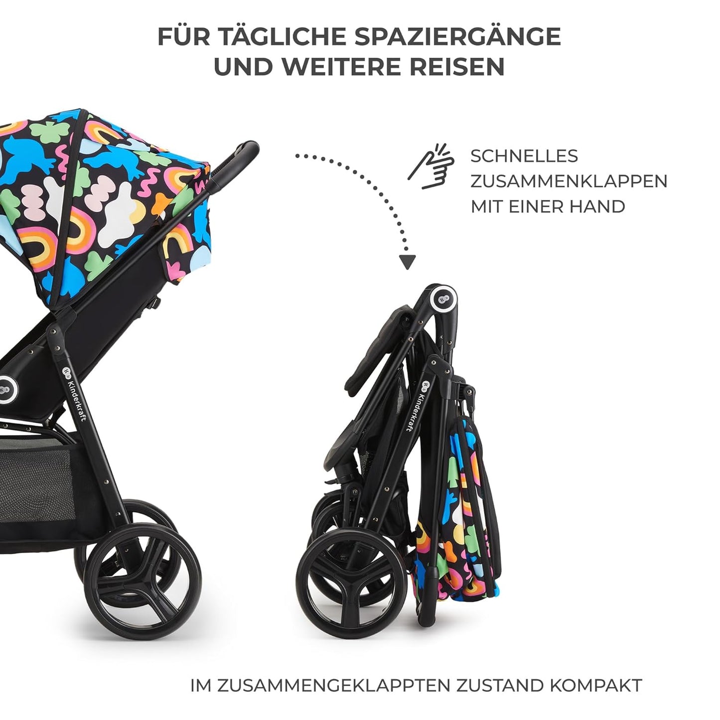 Kinderkraft Grande Plus Kinderkraft Buggy from Birth to 22 kg, Folding with One Hand, Reclining Position, Large Hood with Window, All 4 Wheels Cushioned, Spacious Seat, Happy Shapes