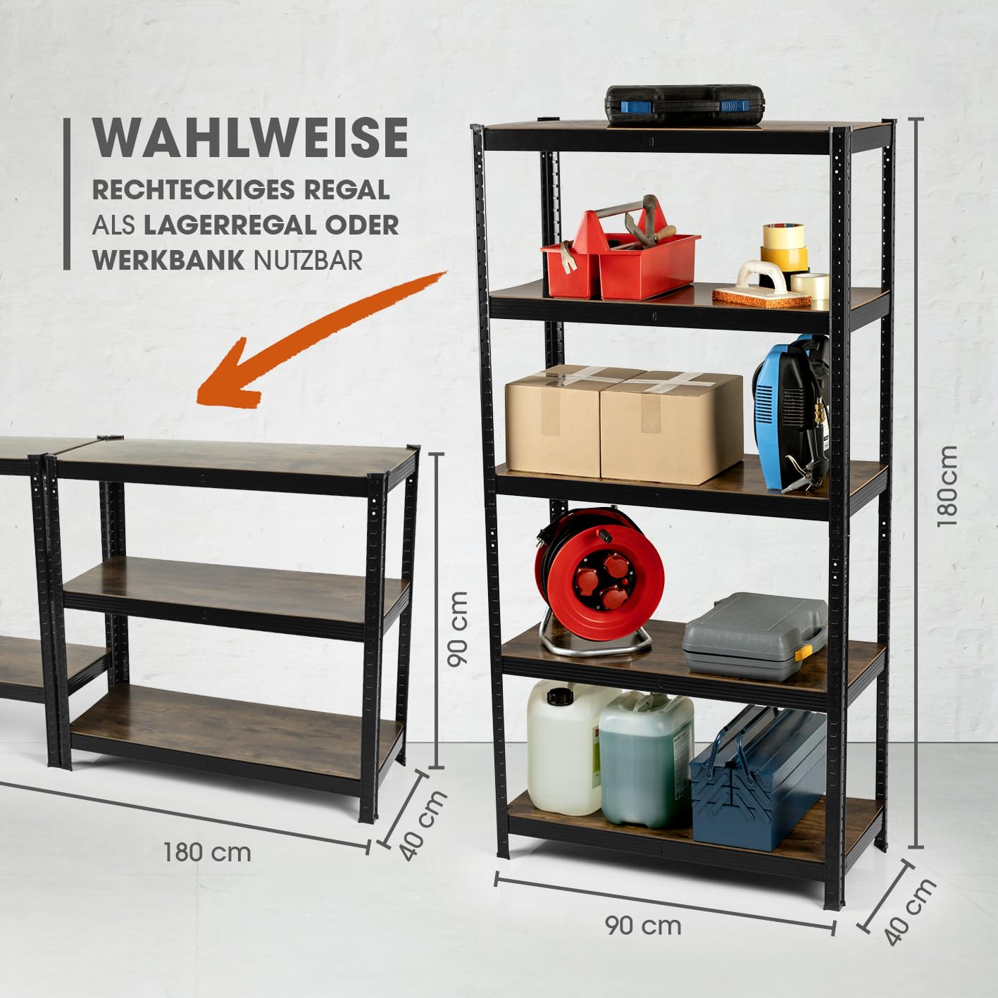EASYmaxx Industrial Design Standing Shelf, 180 x 90 x 40 cm, Bookcase with 875 kg Load Capacity, Storage Shelf, 175 kg/Level, Stylish Shelf, 5 Adjustable Shelves for More Order in Living Room, Kitchen