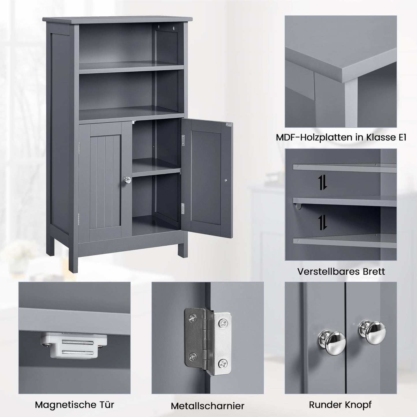 Yaheetech Bathroom Cabinet with Double Door and 2 Open Shelves Bathroom Shelf Bathroom Chest of Drawers with Adjustable Shelf Dark Grey 50 x 30 x 92.5 cm