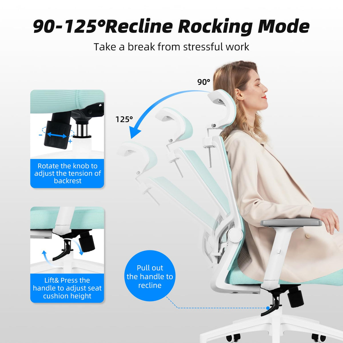 Daccormax Ergonomic Office Chair, Desk Chair with Adjustable Headrest, Armrests, Lumbar Support, Swivel Chair, Rocker Function, Mesh Executive Chair, Back-Friendly, Office Chair 150 kg
