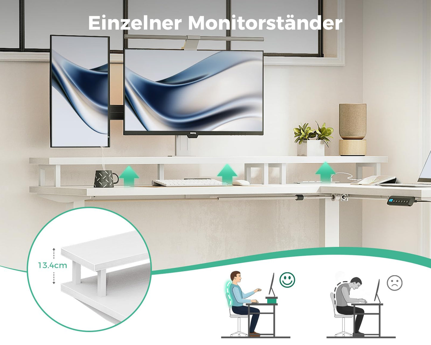 OffiGo Height Adjustable Desk, 150 x 120 cm, Corner Desk, Height Adjustable with Monitor Holder, Electric Desk, L Shape with Sockets, Computer Desk with LED Light Strip for Office, White