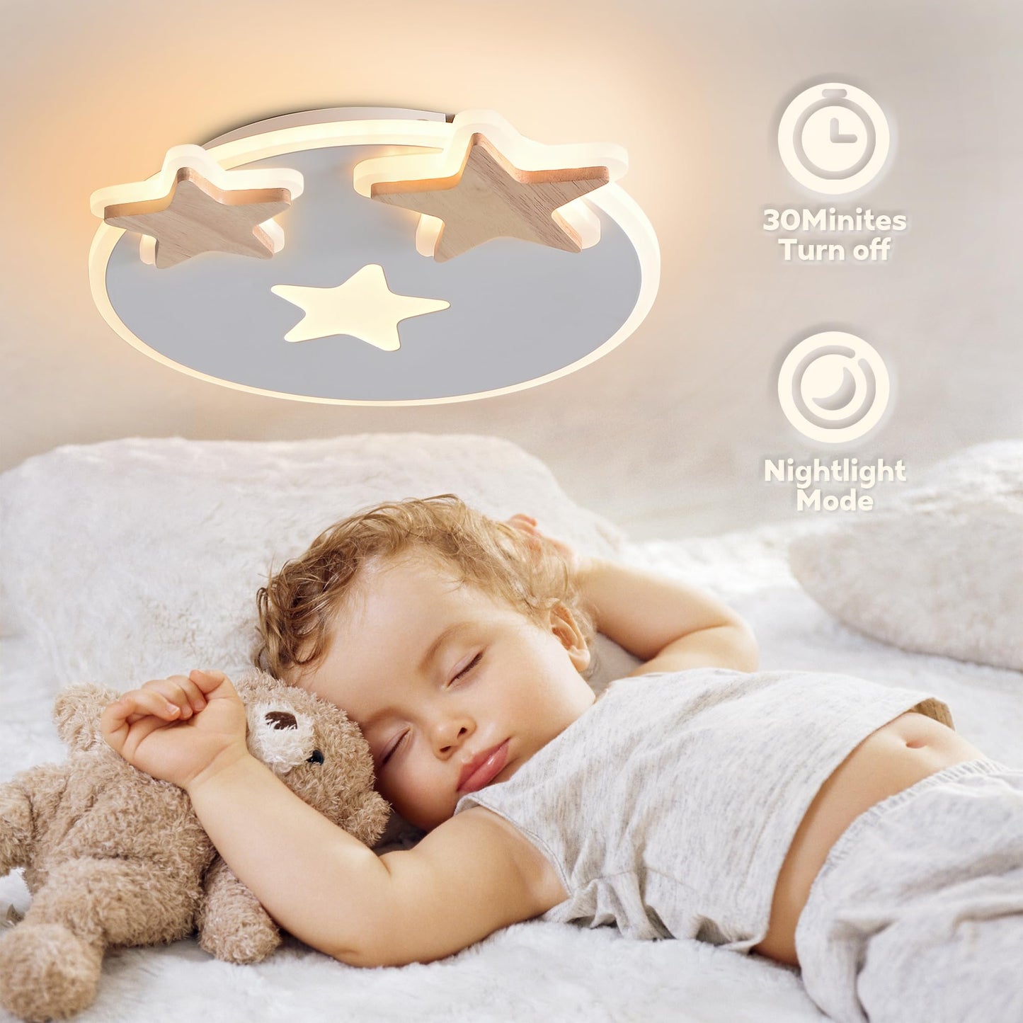 34 cm LED Ceiling Light Bedroom Wooden Children's Room Lamp Ceiling Star Children's Lamp Dimmable Ceiling Lamp for Children Lamp with Remote Control