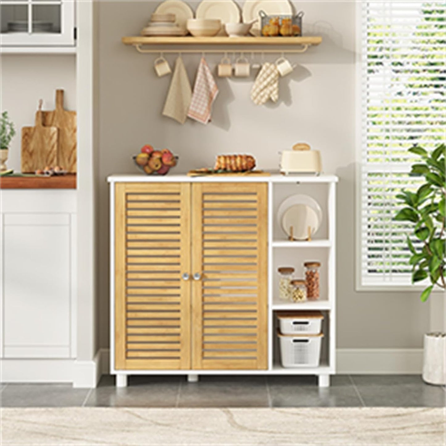 FORABAMB Bathroom Cabinet, Floor Cabinet, Bathroom Cabinet with Double Doors Made of Bamboo, 3 Open Compartments, Freestanding Side Cabinet for Bathroom, Living Room and Kitchen, 77 x 30 x 80 cm