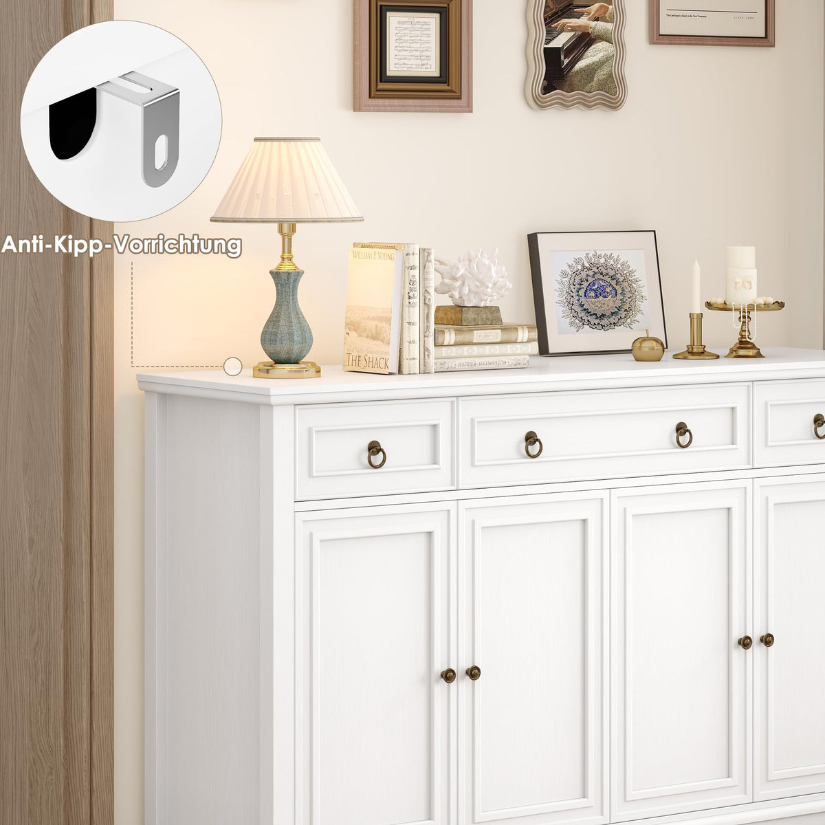 FirFurd Sideboard Kitchen Cabinet with Worktop Buffet Cabinet Sideboard for Kitchen Living Room Cabinet with 3 Drawers and 4 Doors Kitchen Buffet with Adjustable Shelf 134 x 87 x 40 cm White