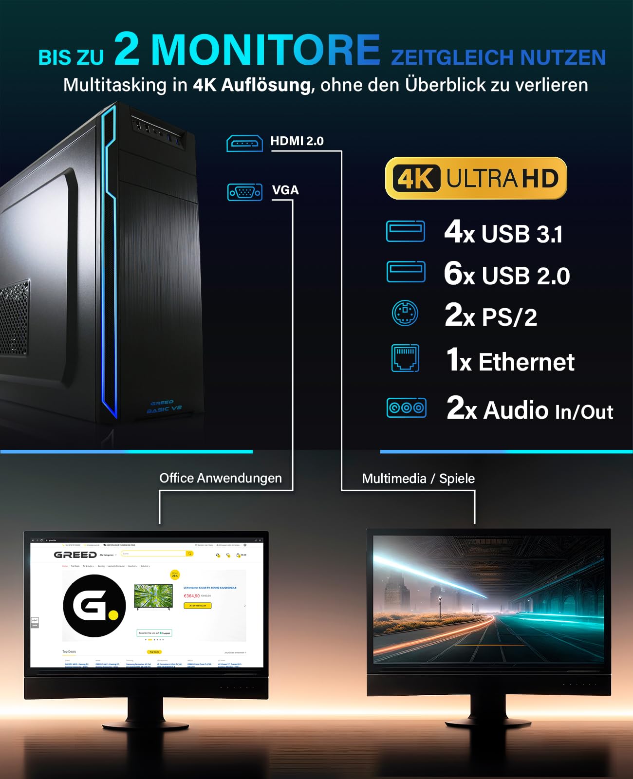 Greed® Ultra V2 PC mit Intel Core i7 12700F - Schneller Rechner - Computer für Büro & Home Office mit 4,8 GHZ - 32GB RAM/Arbeitsspeicher - 1TB SSD + 1TB HDD - DVD+RW - USB 3.1 - WLAN, inkl Win 11 Pro