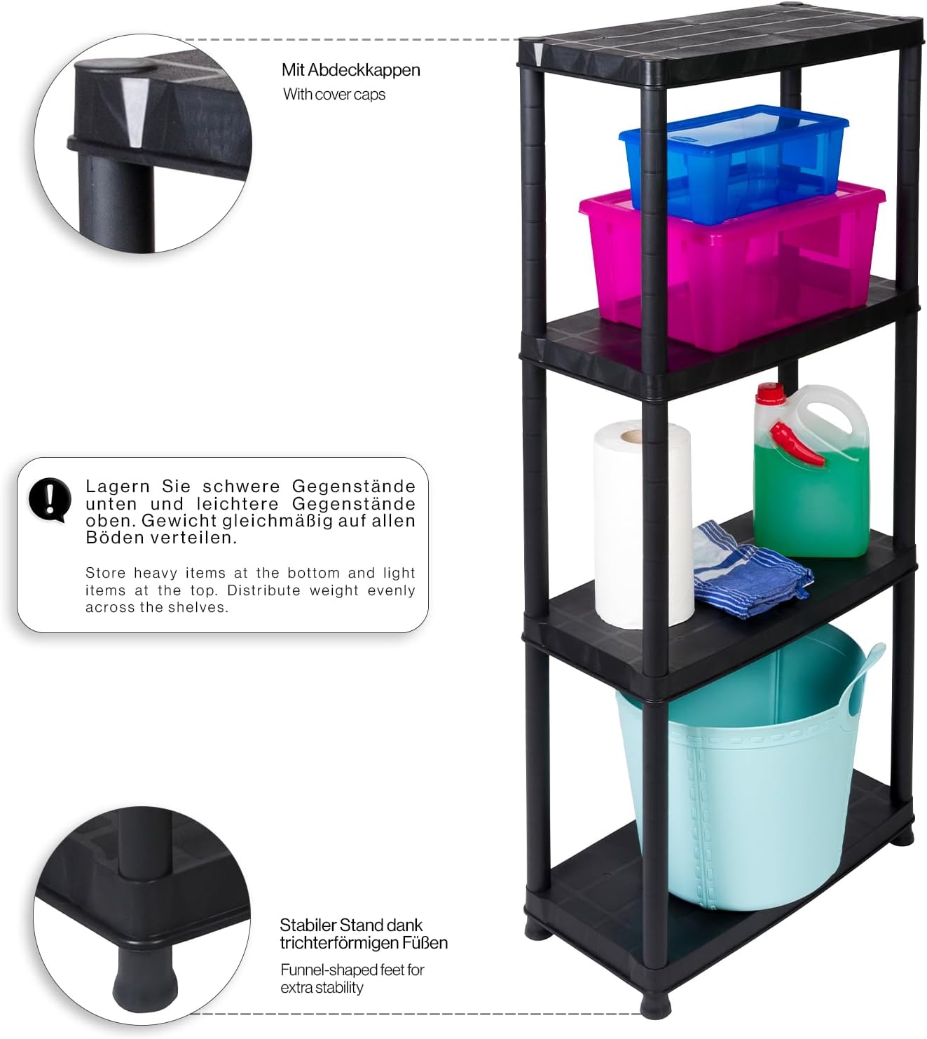 Kreher Economy Set of 2 Plastic Shelves, Household Shelves, Black, 4 Shelves, Max. 100 kg Load per Shelf, 61 x 30.5 x 130 H cm, TÜV Rheinland