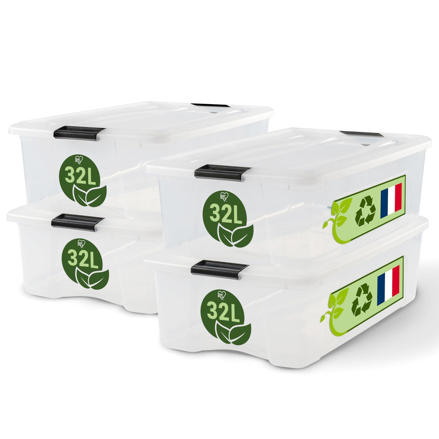 Iris Ohyama Storage Boxes with Lids, 55L, Set of 4, Transparent, Secure Closure, Stackable, Handles, Bedroom, Closet, Office, Organisation, BPA-Free Plastic, Organiser Boxes, BSB-55