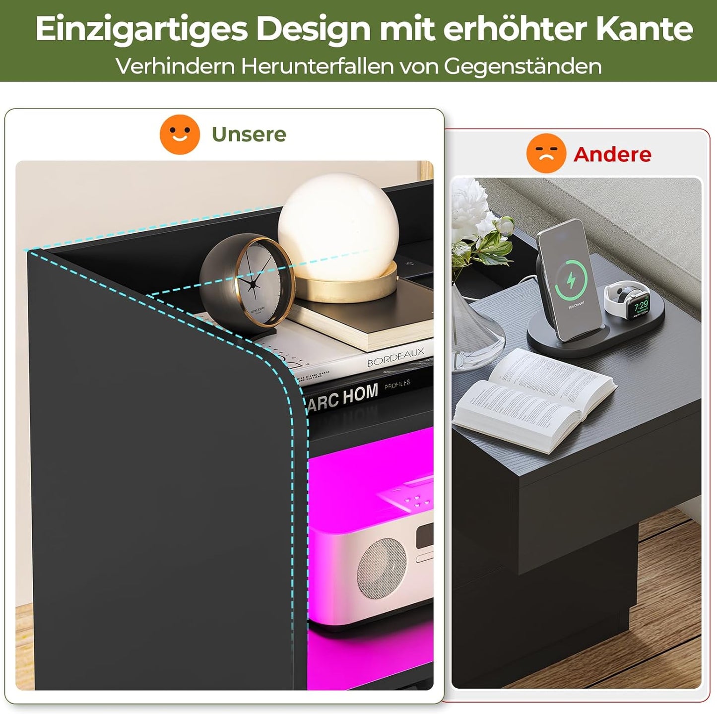 Bedside Table Set of 2 Bedside Tables with Charging Function and LED Light, Bedside Table, Set of 2 with 2 Drawers, Black Side Table, Black Coffee Table, Sofa Table for Bedroom, Living Room