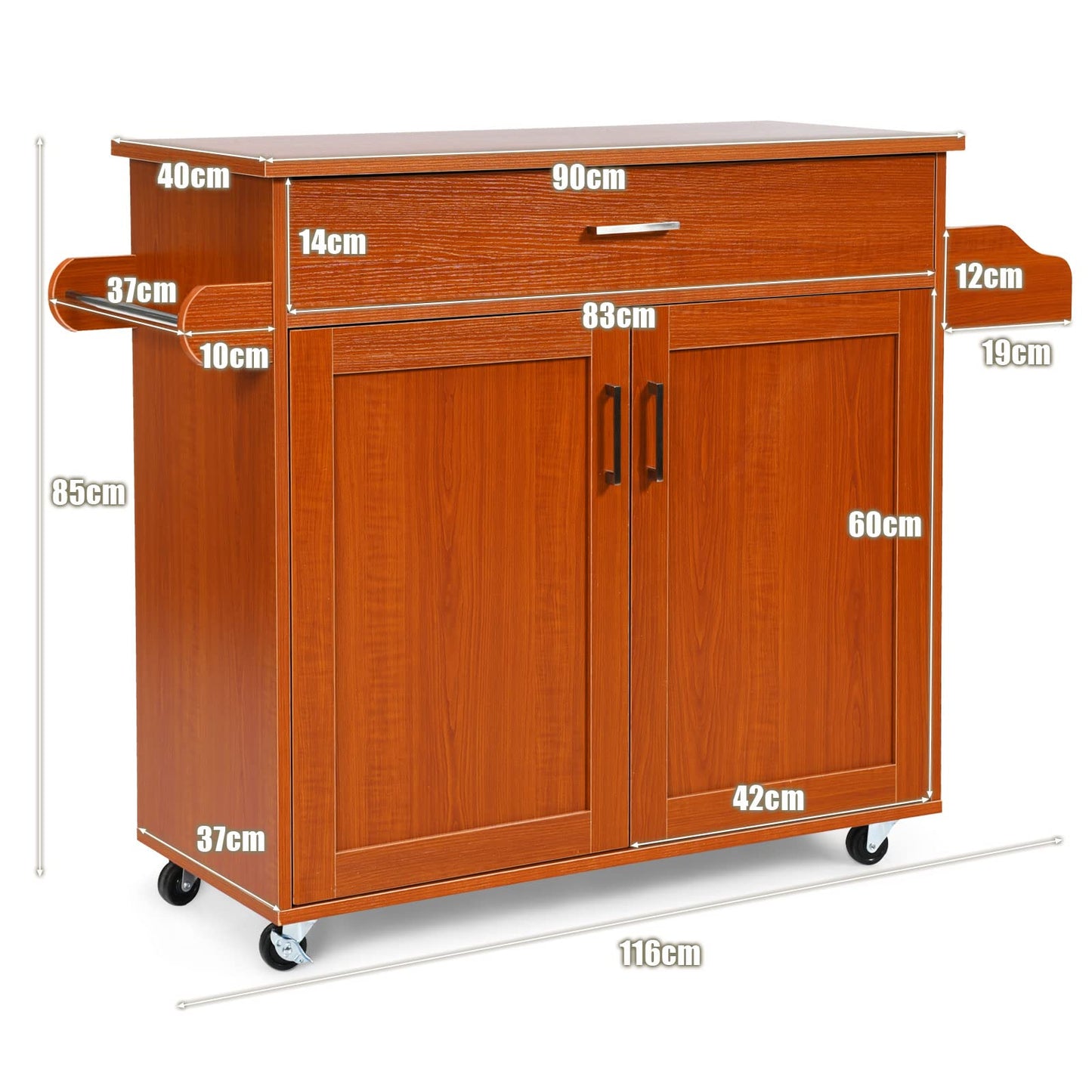 COSTWAY Kitchen trolley with towel holder and spice board, kitchen island with drawer and height-adjustable shelf, kitchen cabinet rollable, wooden serving trolley, kitchen island trolley (black)