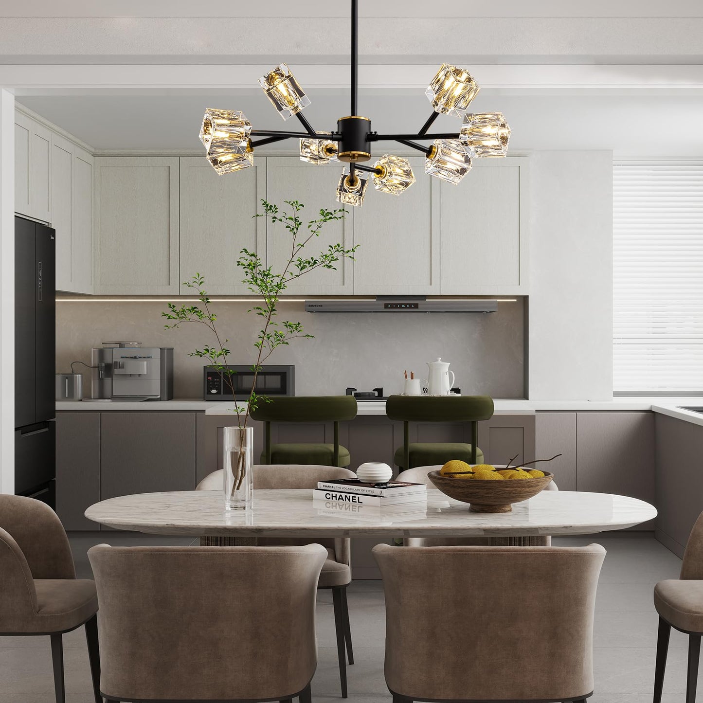 Crystal Ceiling Light, Modern Black and Gold Ceiling Lamp, 8 Lights Design, K9 Crystal Chandelier, Semi-Flush Luxury Ceiling Light for Bedroom, Living Room and Dining Room