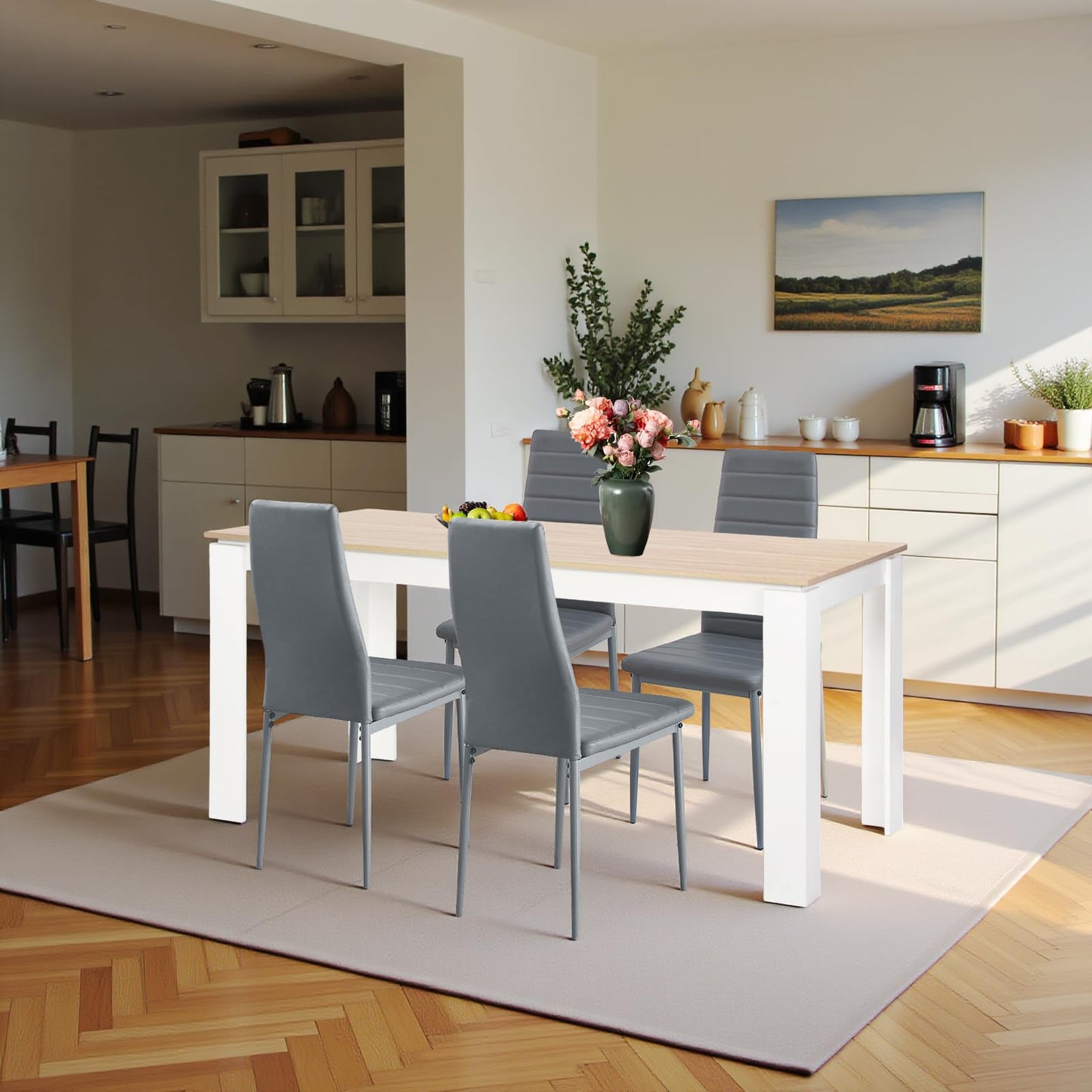FURNITABLE Esstisch mit 6 Stühlen Esszimmergruppe, Essgruppe mit Hochlehner Kunstleder Stuhl für 6 Personen, Sitzgruppe für Küche Wohnzimmer(160cm Eiche-Weiß Tischbein Tisch+6 Schwarz Stühle)