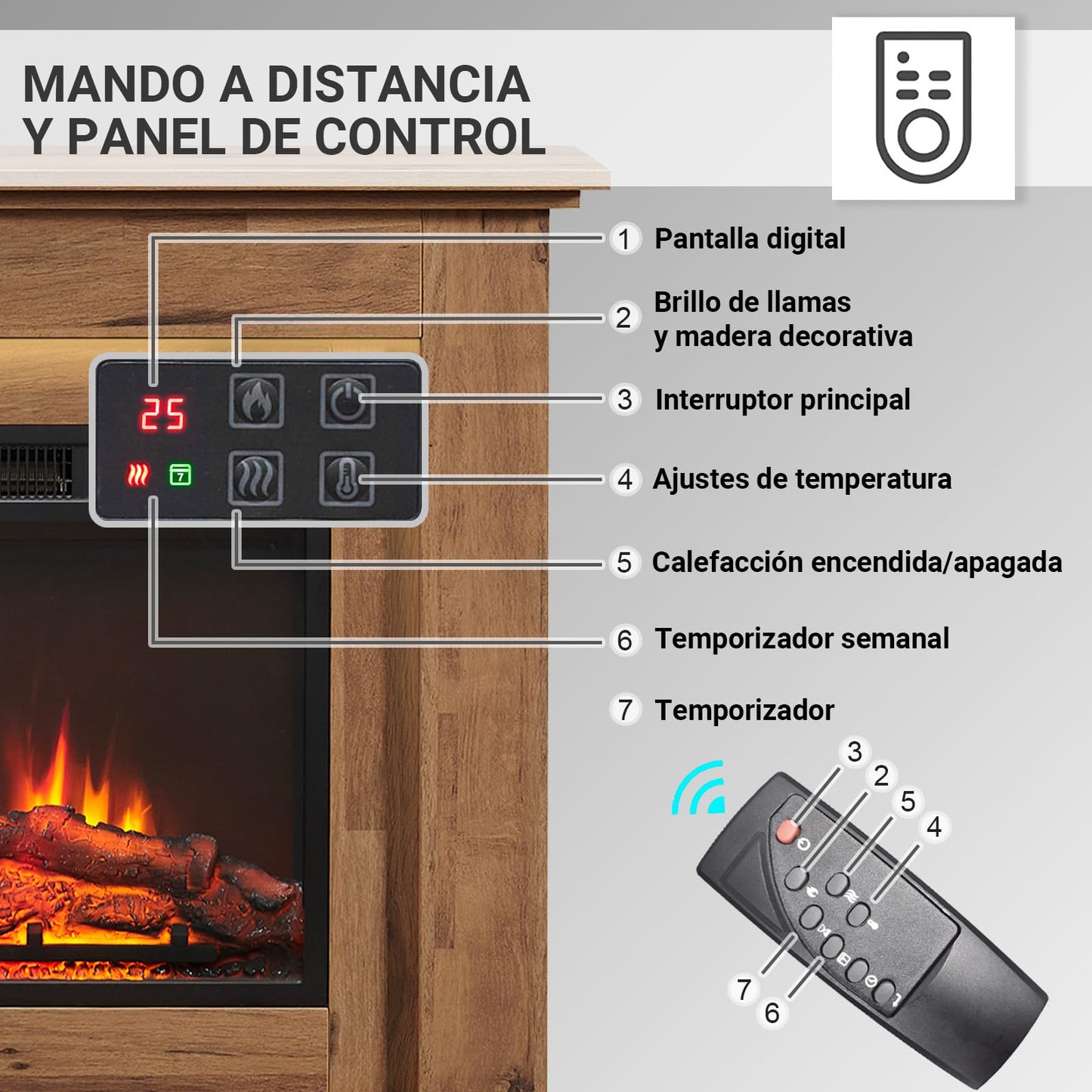 BALDERIA Finn Electric Fireplace, Electric Standing Fireplace, 3D Flame Effect, LED Ambient Lighting, Heating 2000 W, Timer, Thermostat, Start Control, Open Window Battery, Remote Control, Dark Oak