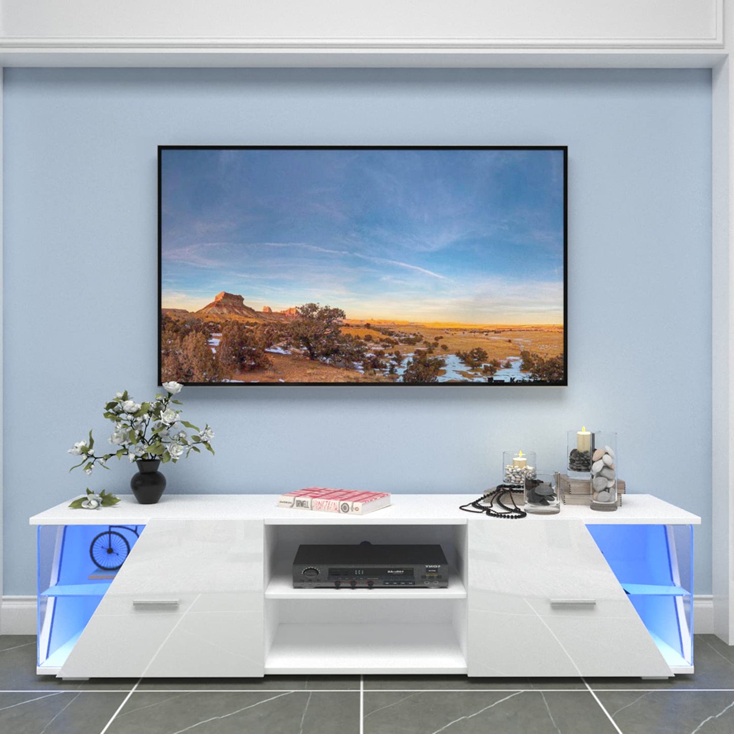 Dripex TV Lowboard White High Gloss with LED Lighting Cabinet TV Table TV Display Cabinet 150 x 37 x 35 cm