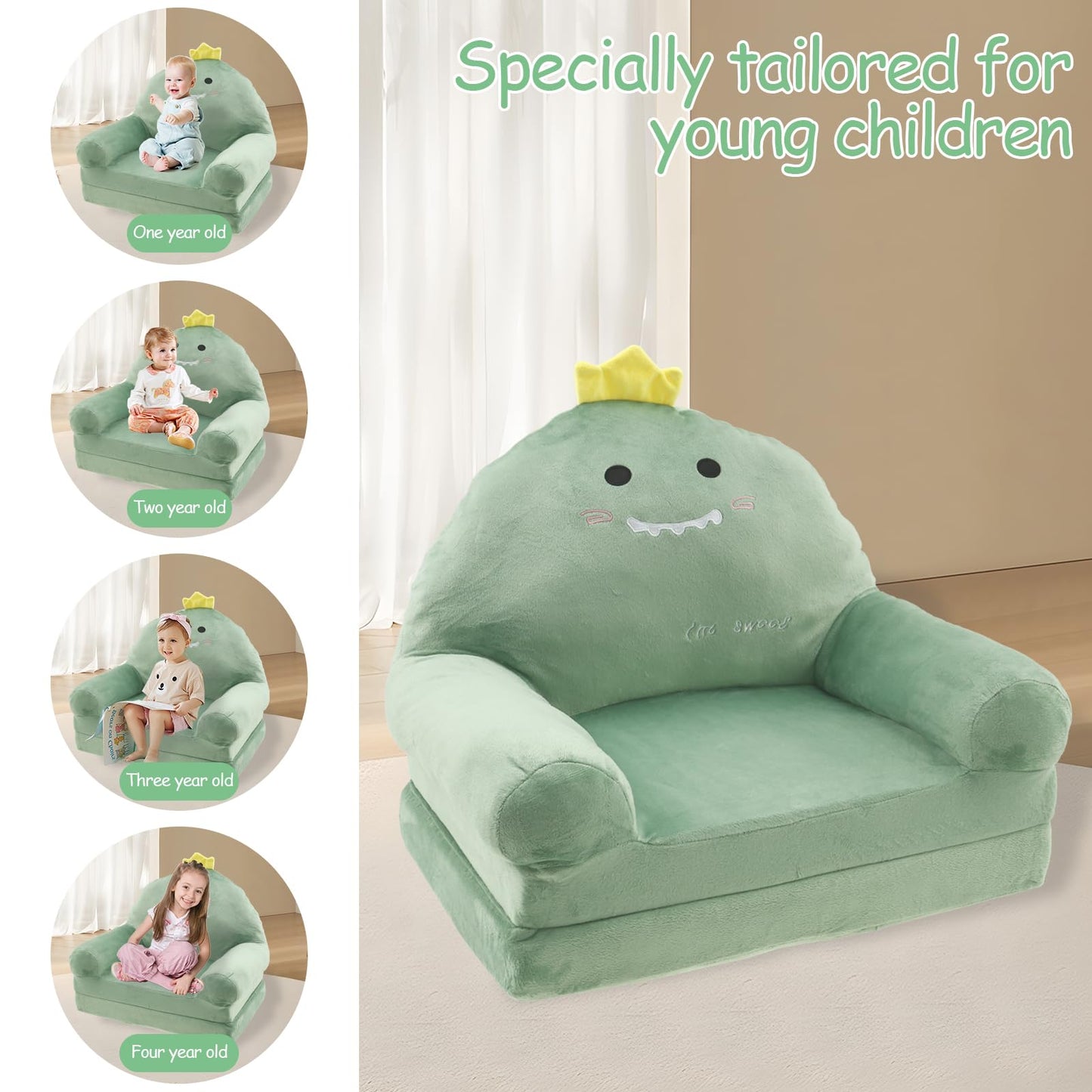 TNTGMG Children's Sofa, 2-in-1 Soft Toddler Chairs with Handle, 80 x 50 cm, Foldable Baby Lounge Chair, Convertible Play Sofa to Deck Chair for 1 to 4 Years Old Girls and Boys Playroom (Pink Crown)