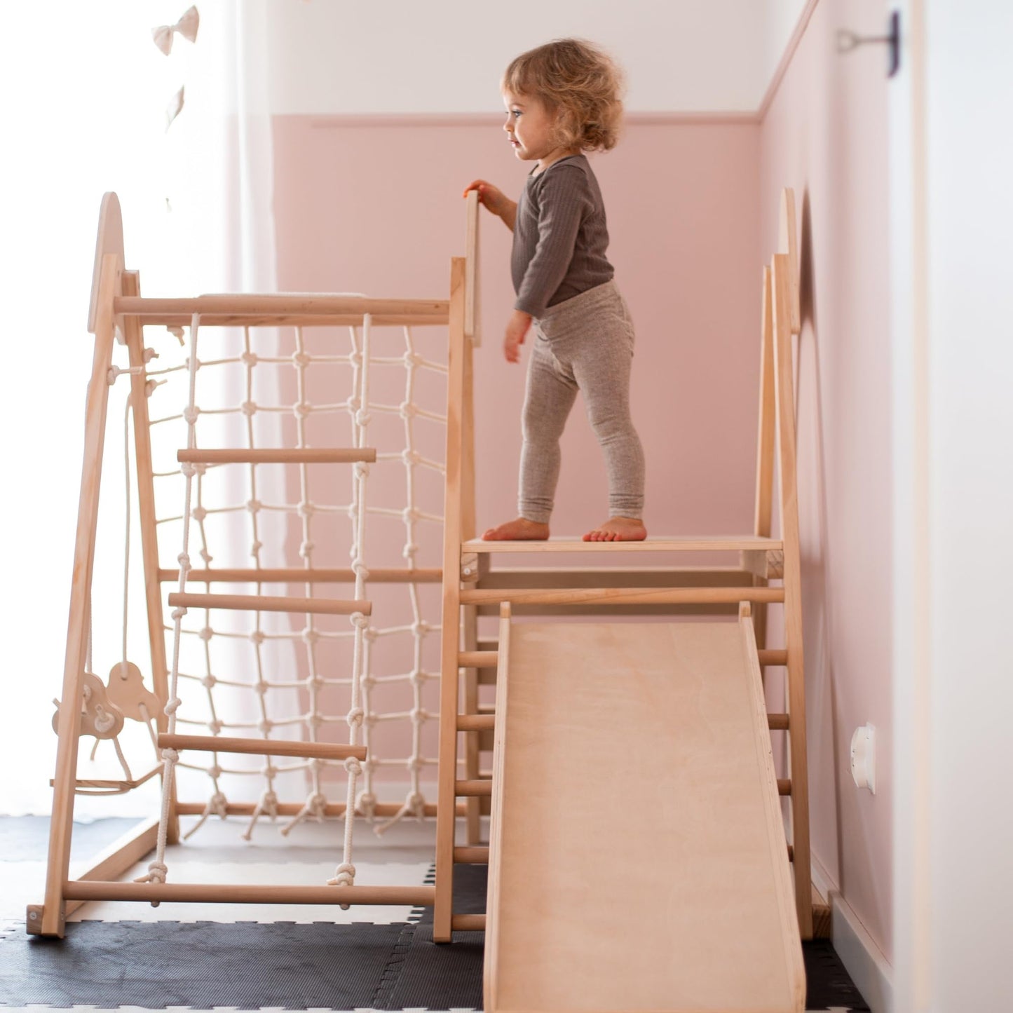 Mamabrum Wooden Pet Playground XL 5-in-1, Slide, Swing, Climbing Wall, Net and Ladder for Active Toddlers, Sturdy, for Active Homepage, Support Baby Development