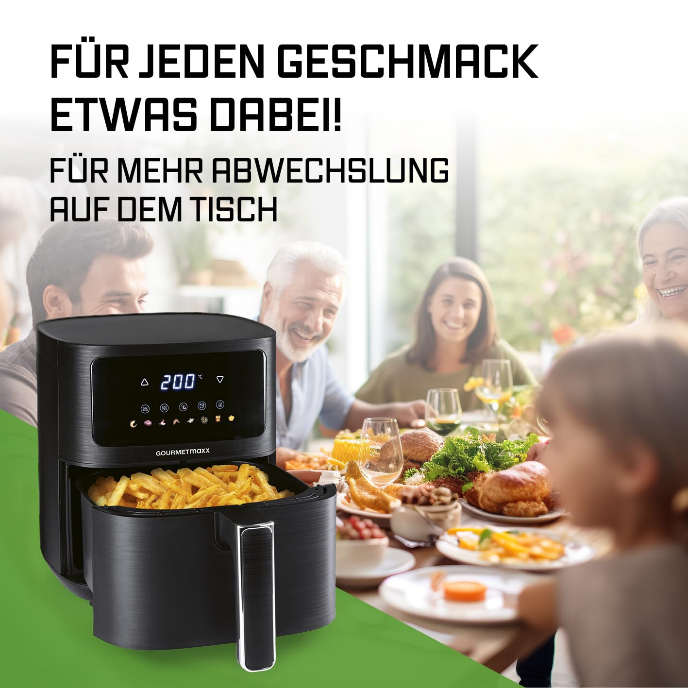 GOURMETmaxx Digitale Heißluftfritteuse 12 L, XXL-Edelstahl-Ofen | Airfryer + Timer, Touchdisplay, Drehspieß | fettarm, energiesparend frittieren | 10 Programme inkl. Pizza | 1800 W