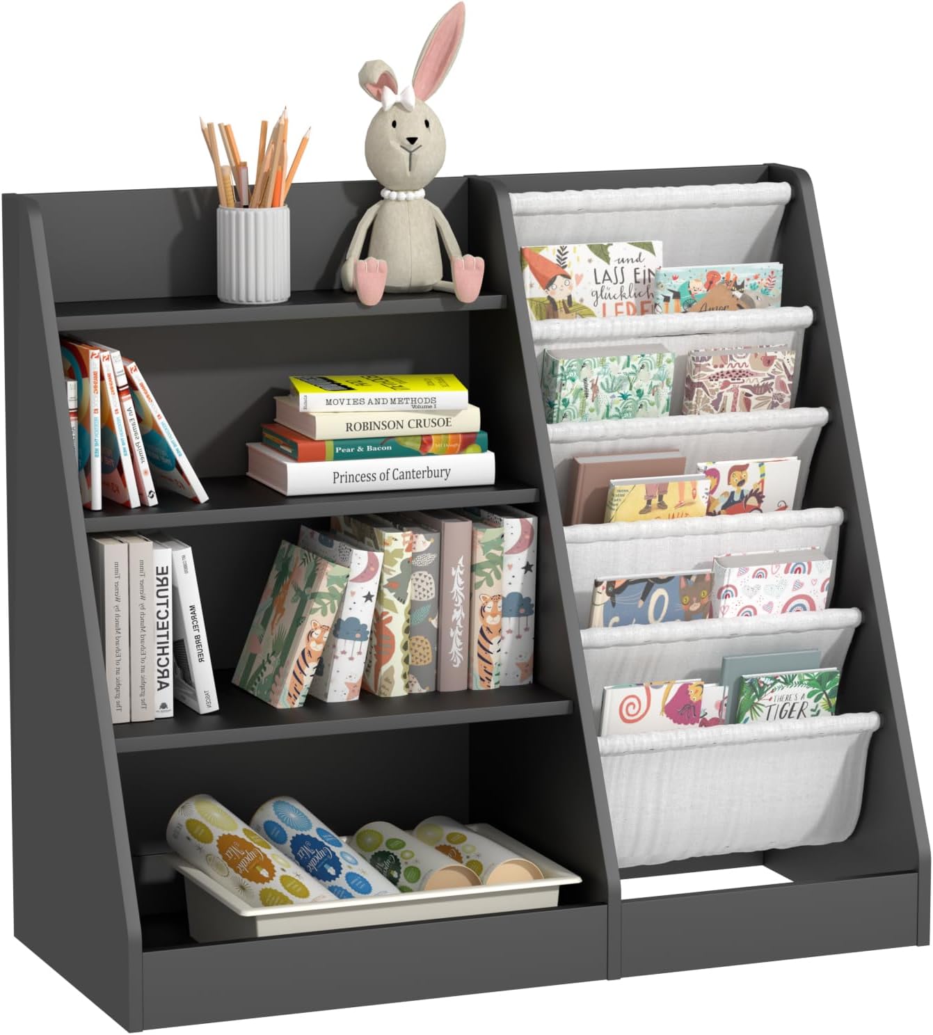Children's Shelf, White with 5 Shelves and 4 Open Compartments, Bookcase for Children, Toy Organiser, 90 x 40 x 80 cm