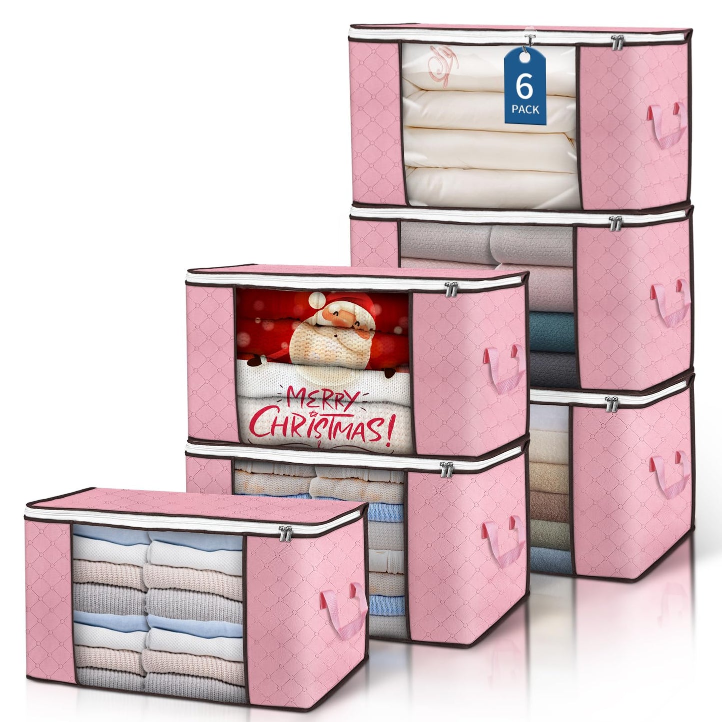 Budding Joy Pack of 6 90 L Storage Bags, Storage Boxes with Lid, Large, Clothes Storage, Moving Boxes, Foldable Underbed Wardrobe for Clothes, Duvets and Bedding, Grey
