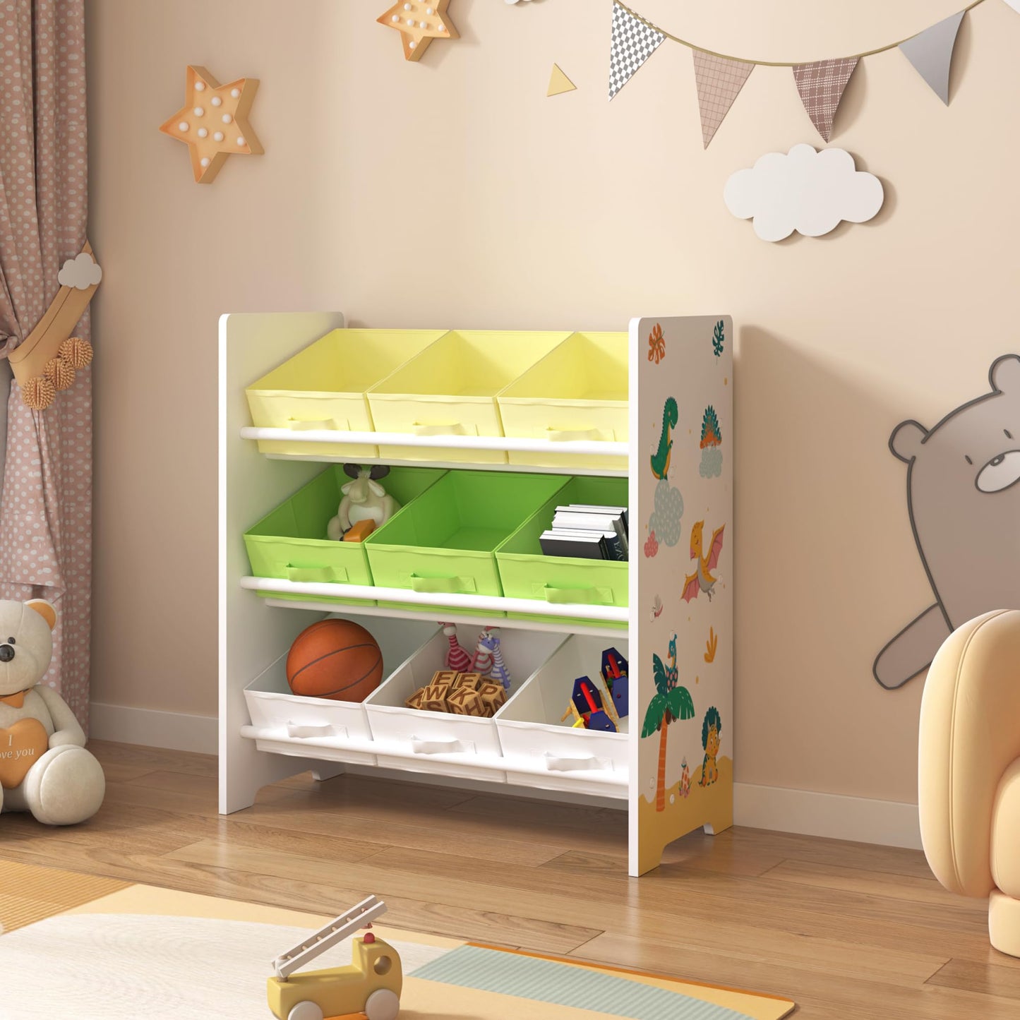 [en.casa] Boiro Children's Shelf, 60 x 62 x 30 cm, Standing with 9 Folding Boxes, Toy Storage Shelf, Ocean Motif